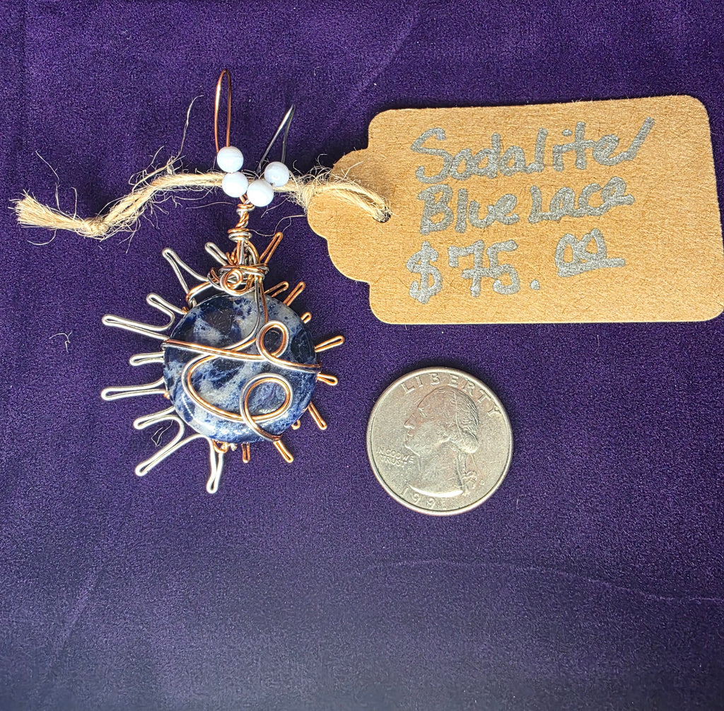 Sodalite Sun Pendant with Dual-Colored Wire & Blue Lace Agate Accents