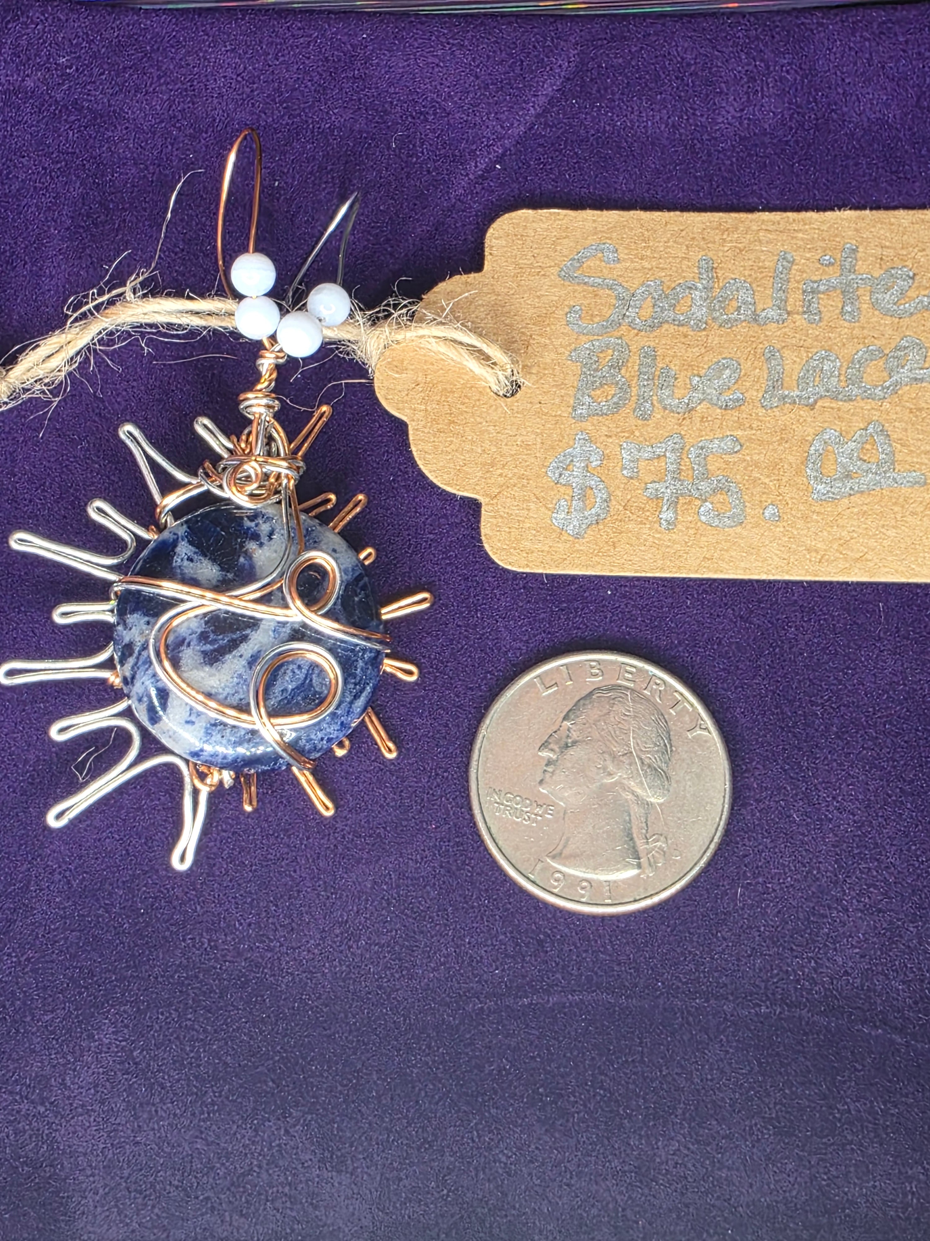 Sodalite Sun Pendant with Dual-Colored Wire & Blue Lace Agate Accents