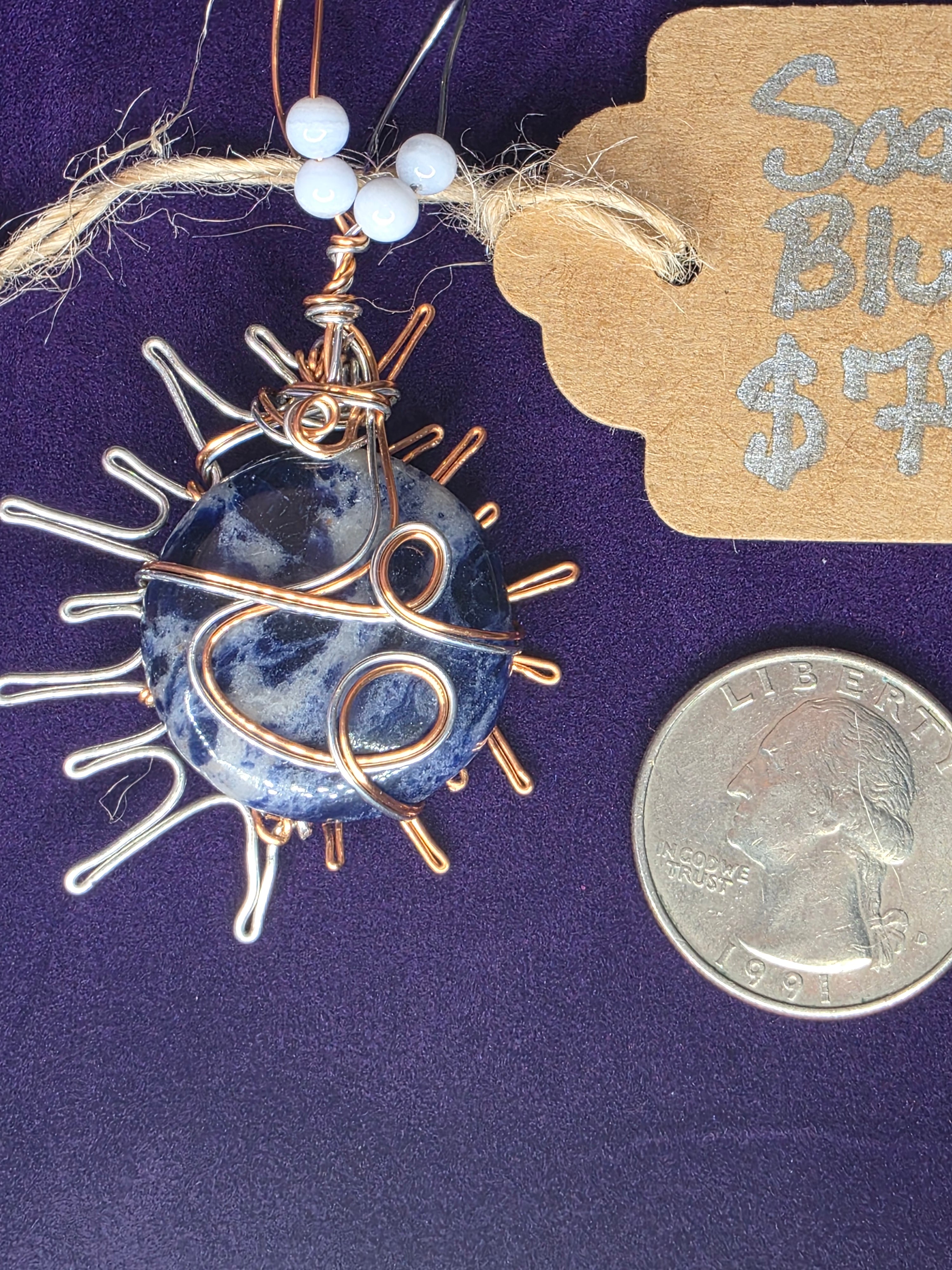 Sodalite Sun Pendant with Dual-Colored Wire & Blue Lace Agate Accents