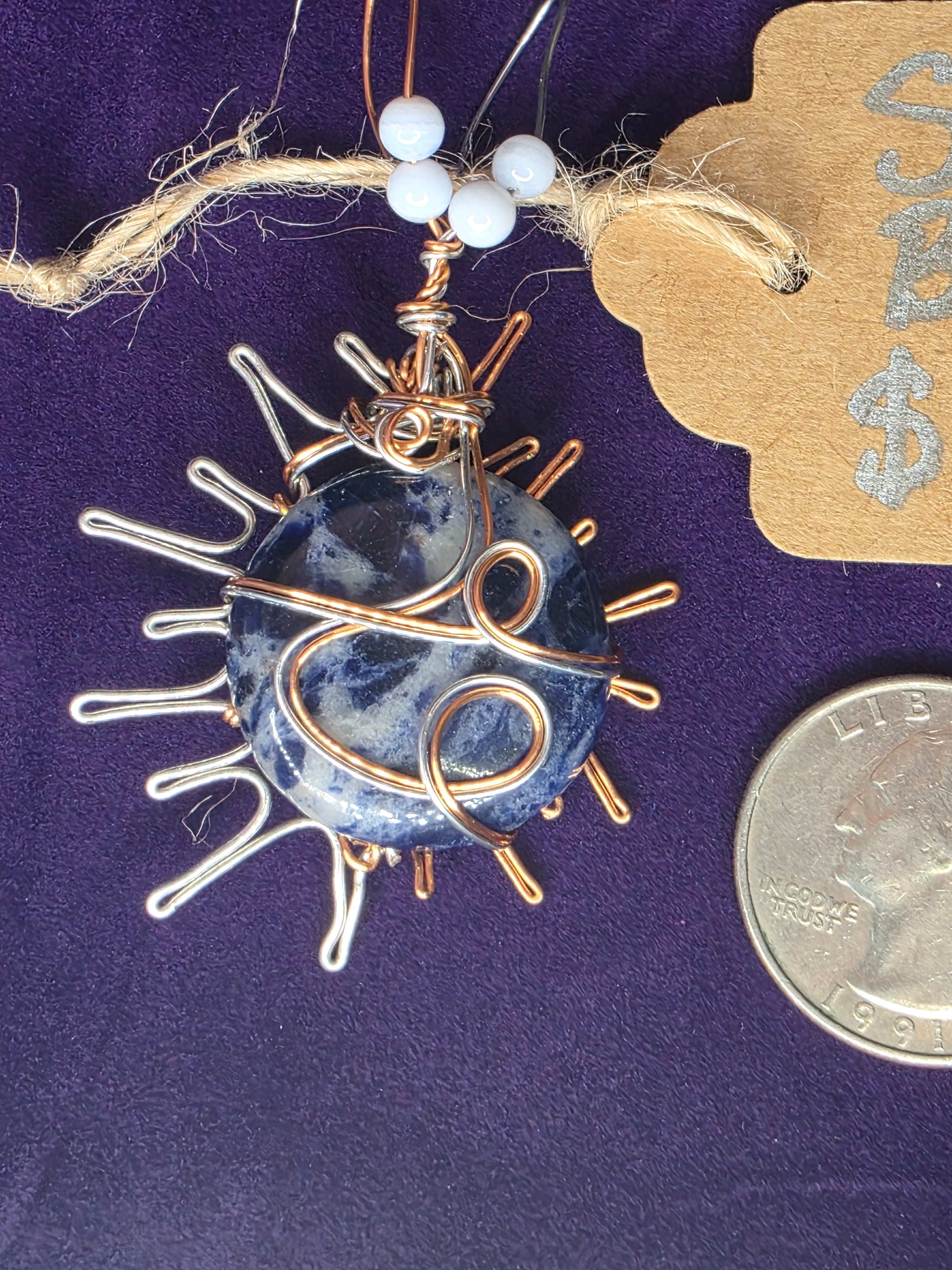 Sodalite Sun Pendant with Dual-Colored Wire & Blue Lace Agate Accents