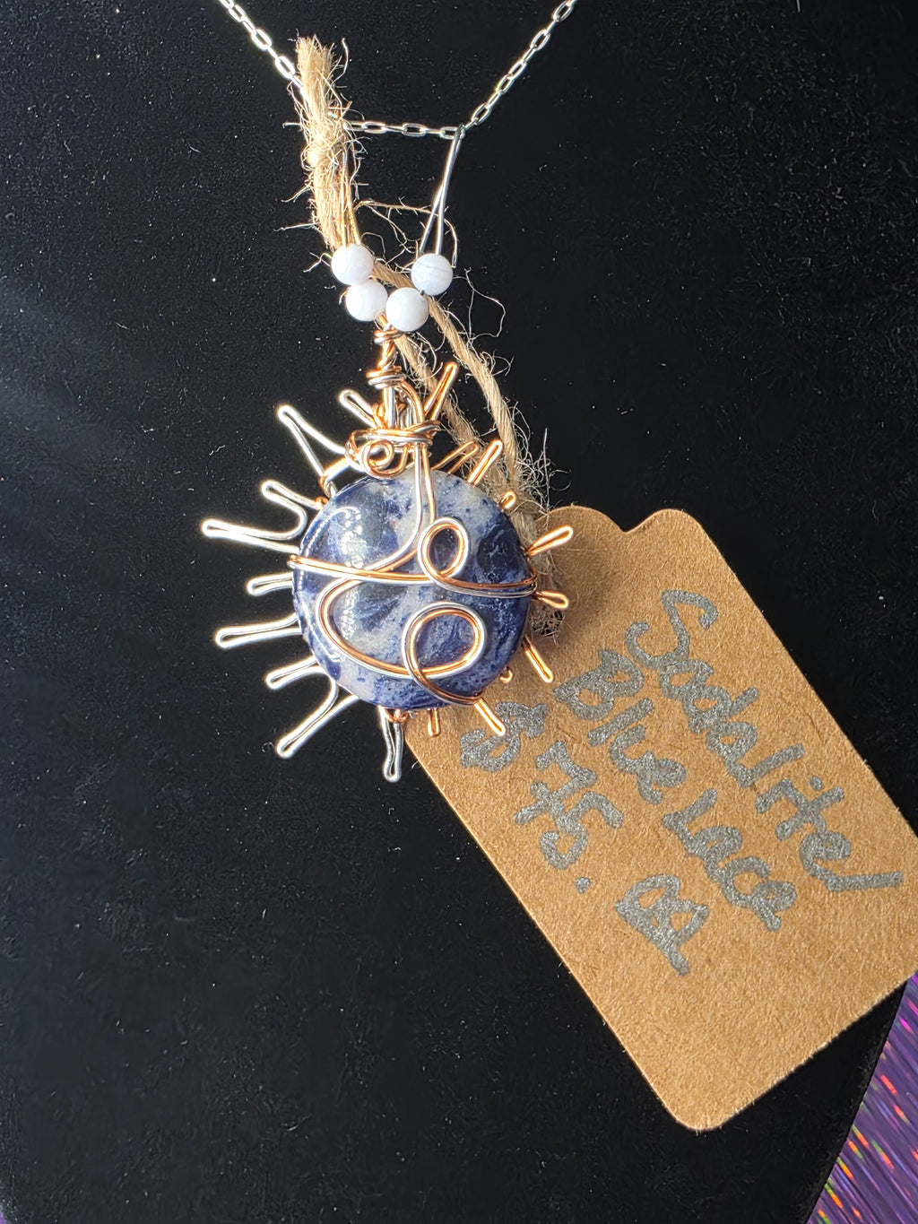 Sodalite Sun Pendant with Dual-Colored Wire & Blue Lace Agate Accents