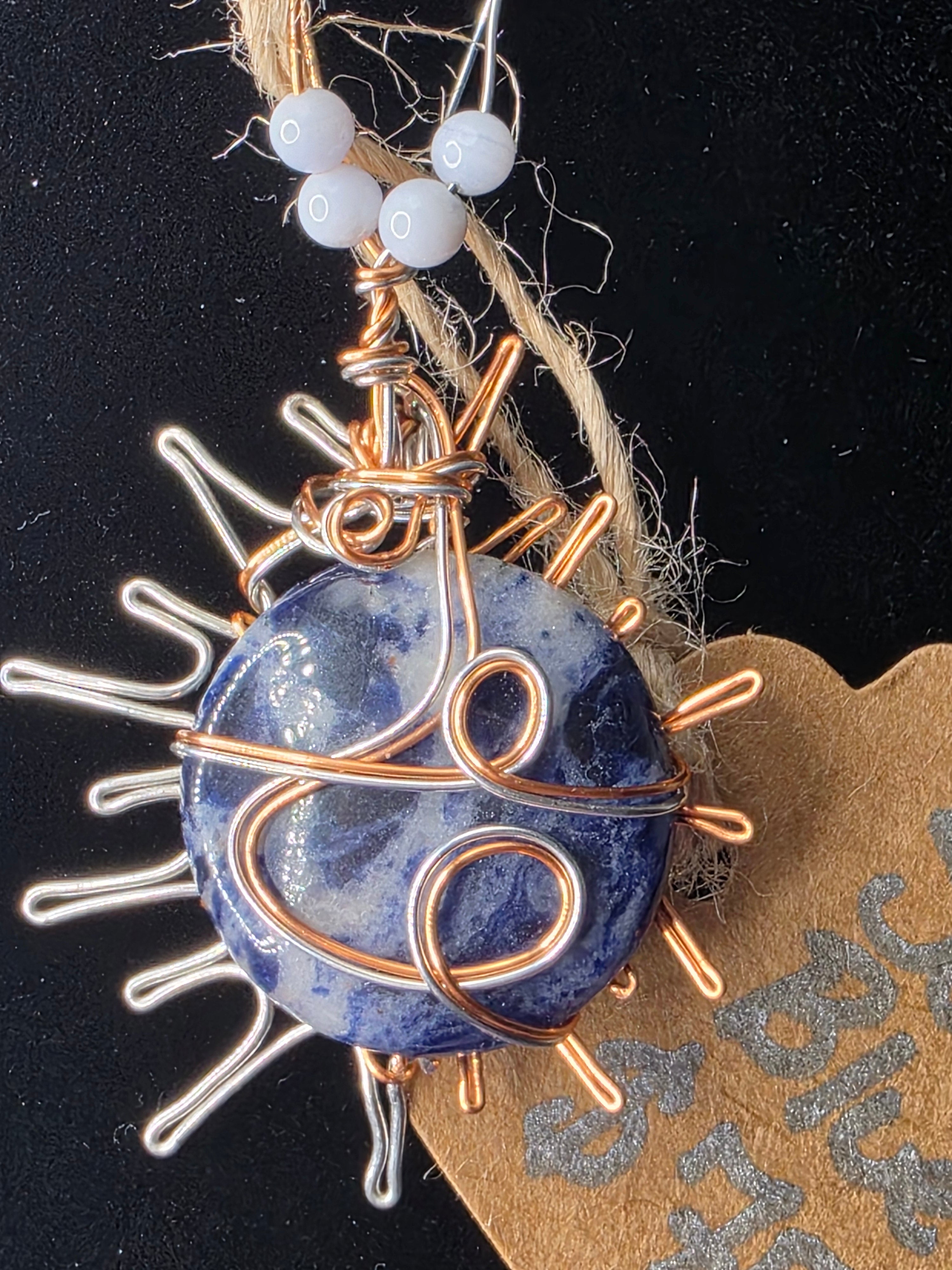 Sodalite Sun Pendant with Dual-Colored Wire & Blue Lace Agate Accents