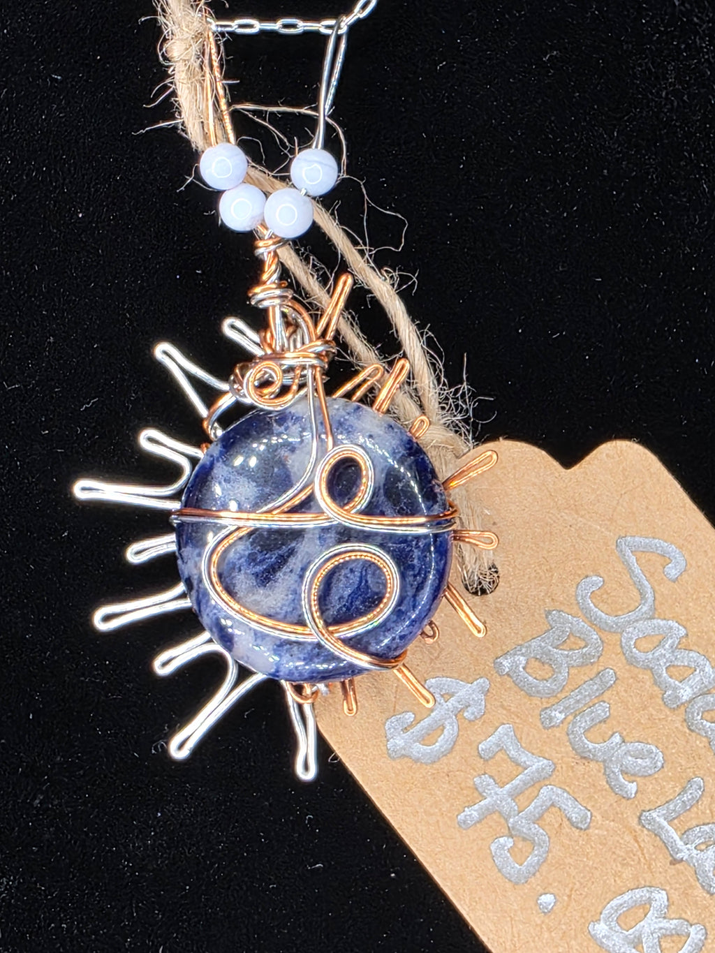 Sodalite Sun Pendant with Dual-Colored Wire & Blue Lace Agate Accents