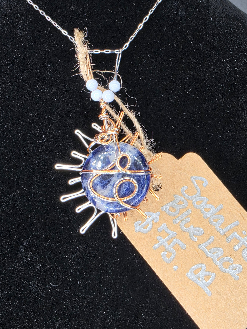 Sodalite Sun Pendant with Dual-Colored Wire & Blue Lace Agate Accents