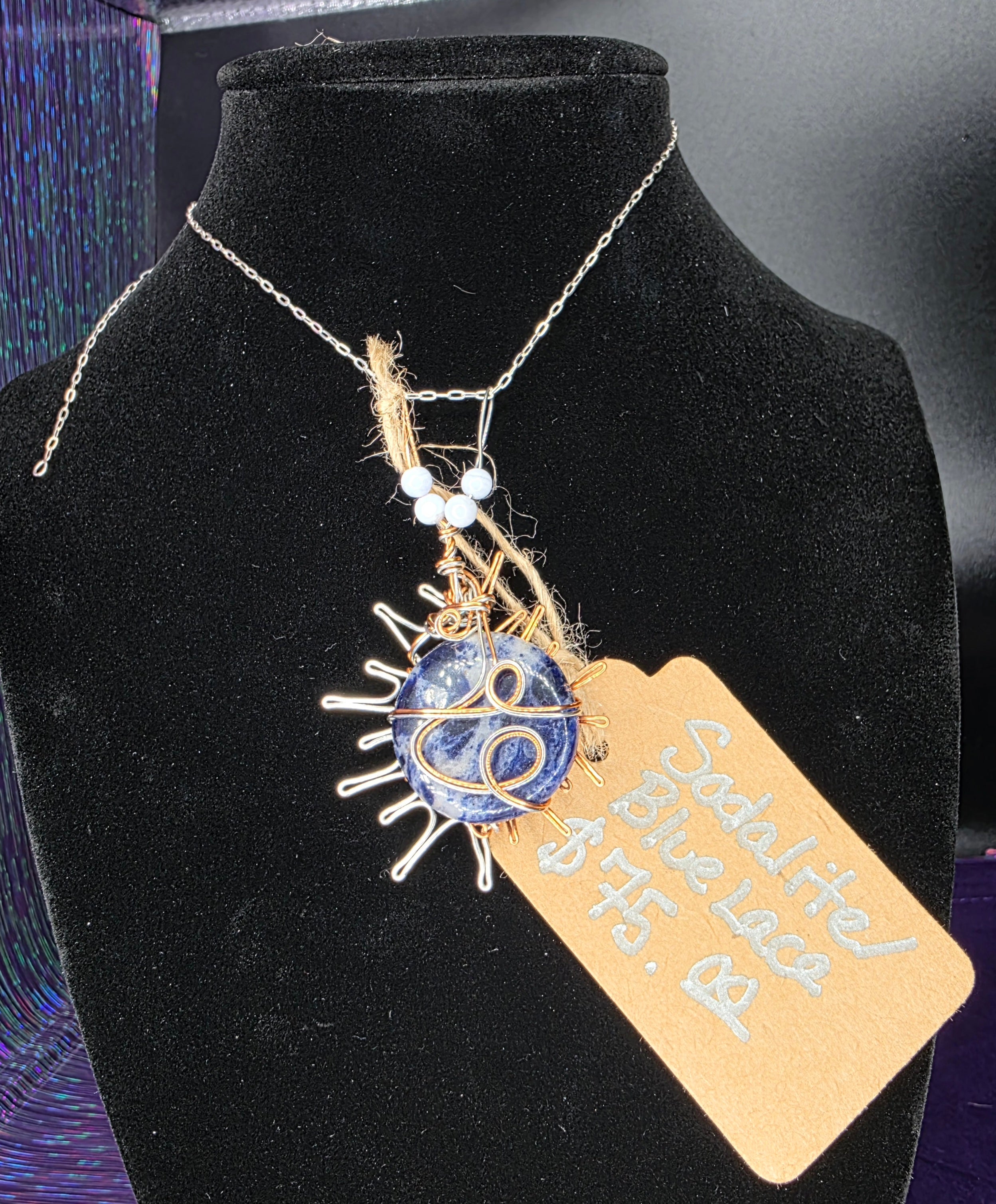 Sodalite Sun Pendant with Dual-Colored Wire & Blue Lace Agate Accents