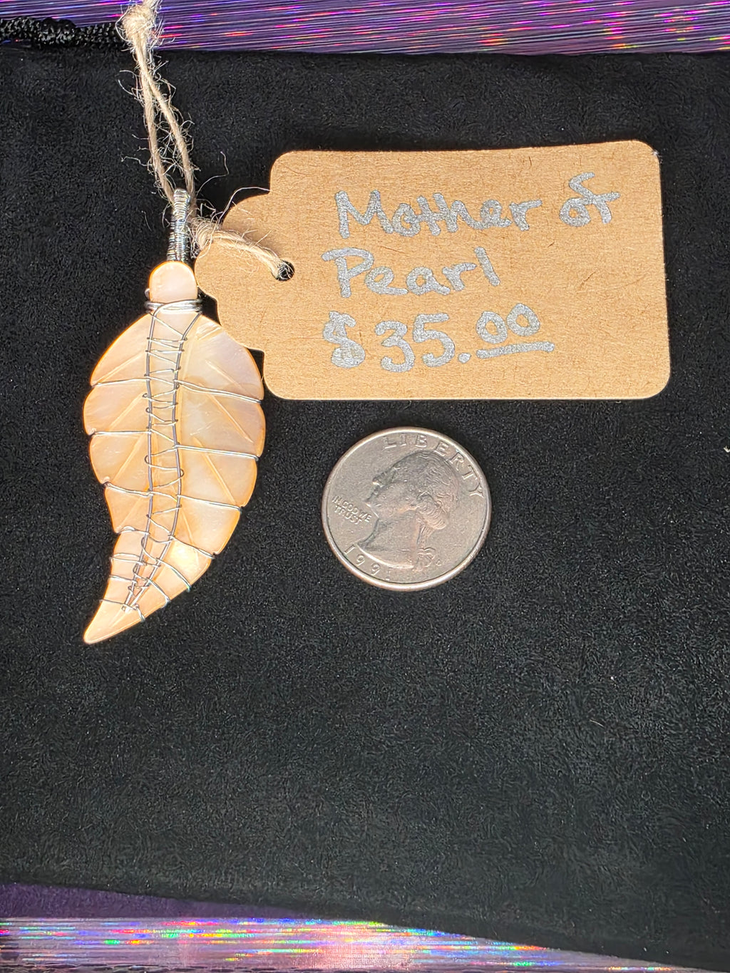 Peach Mother of Pearl Carved Leaf Pendant