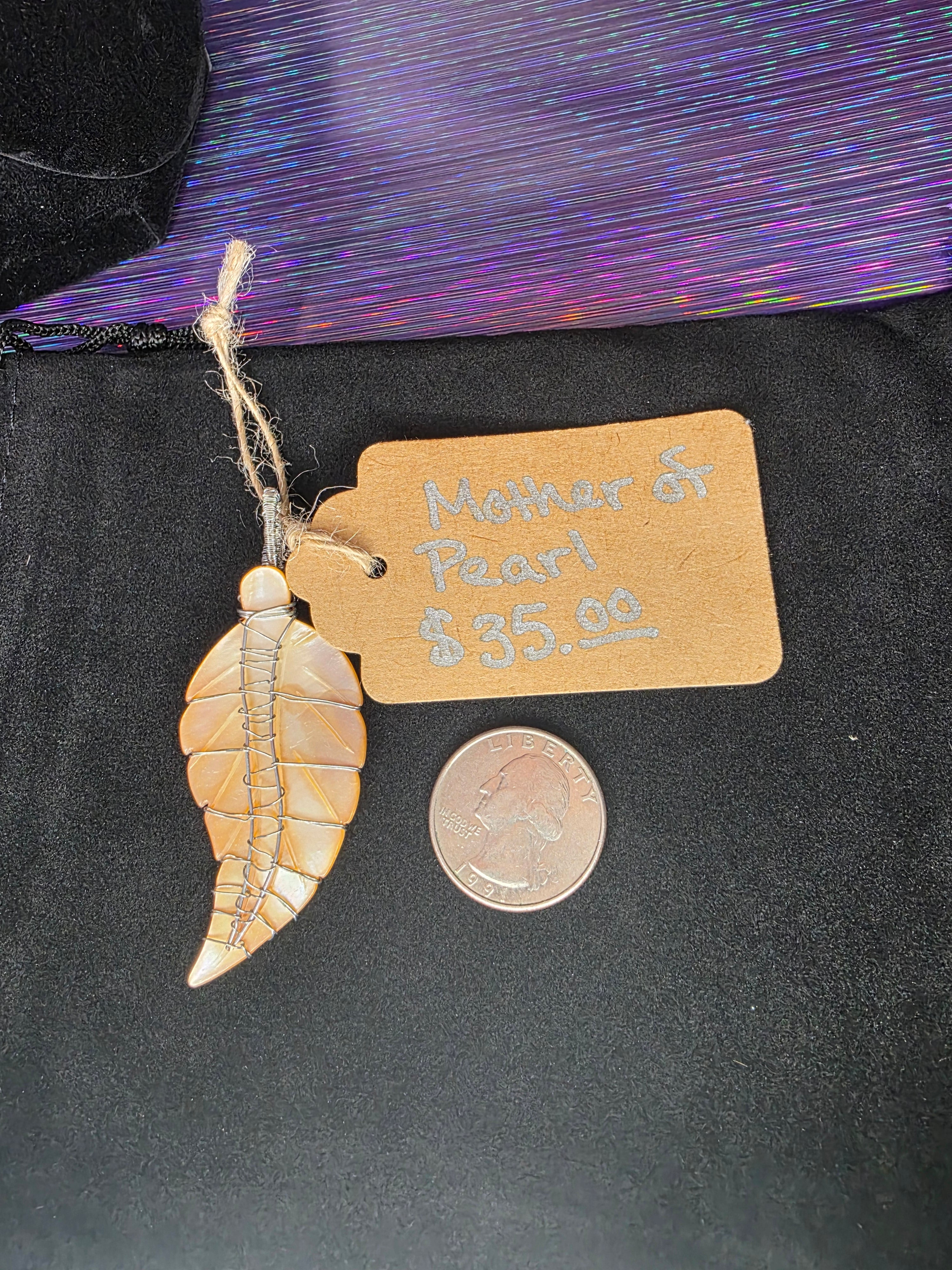 Peach Mother of Pearl Carved Leaf Pendant