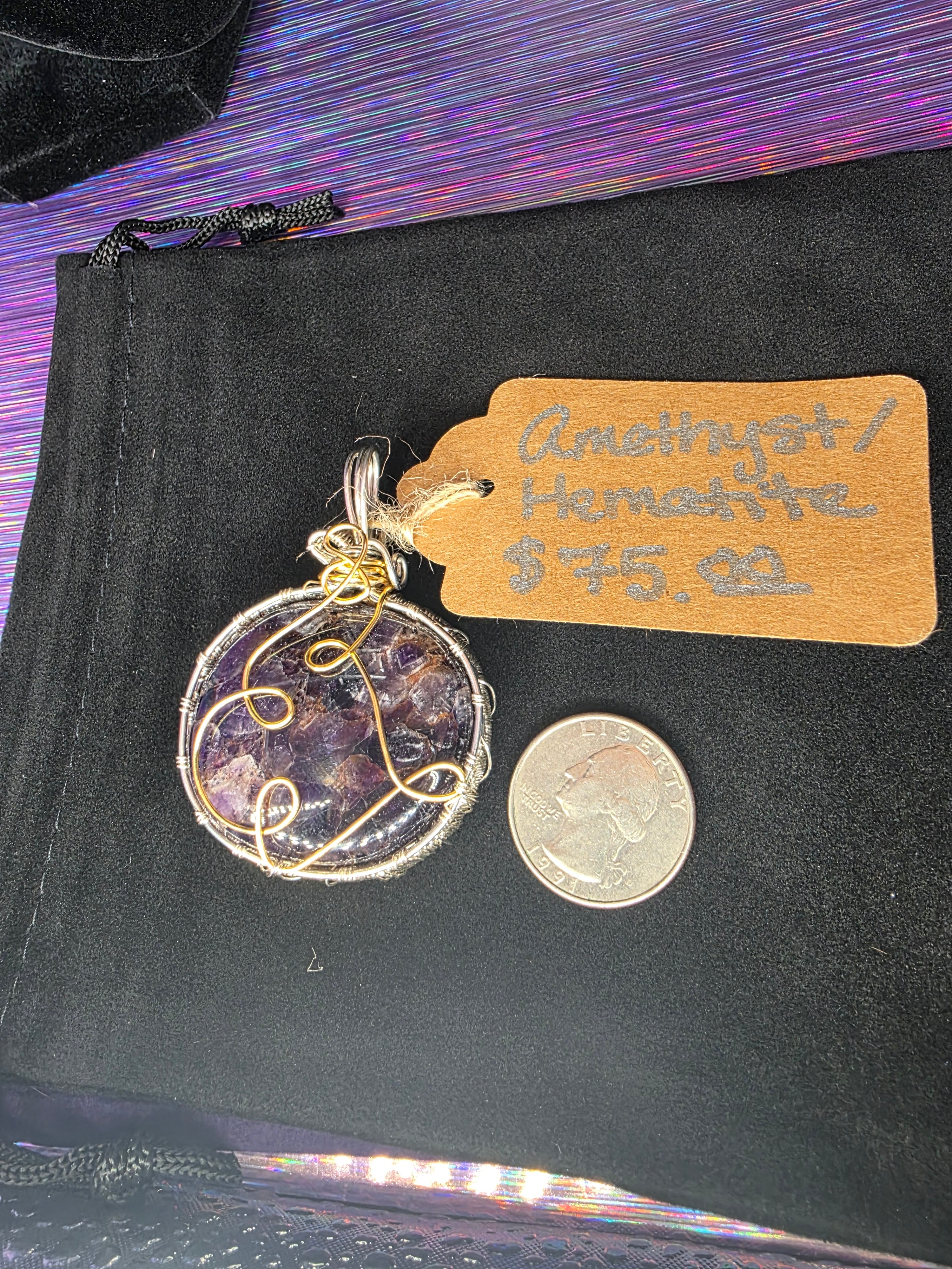 Amethyst with Hematite Round Pendant