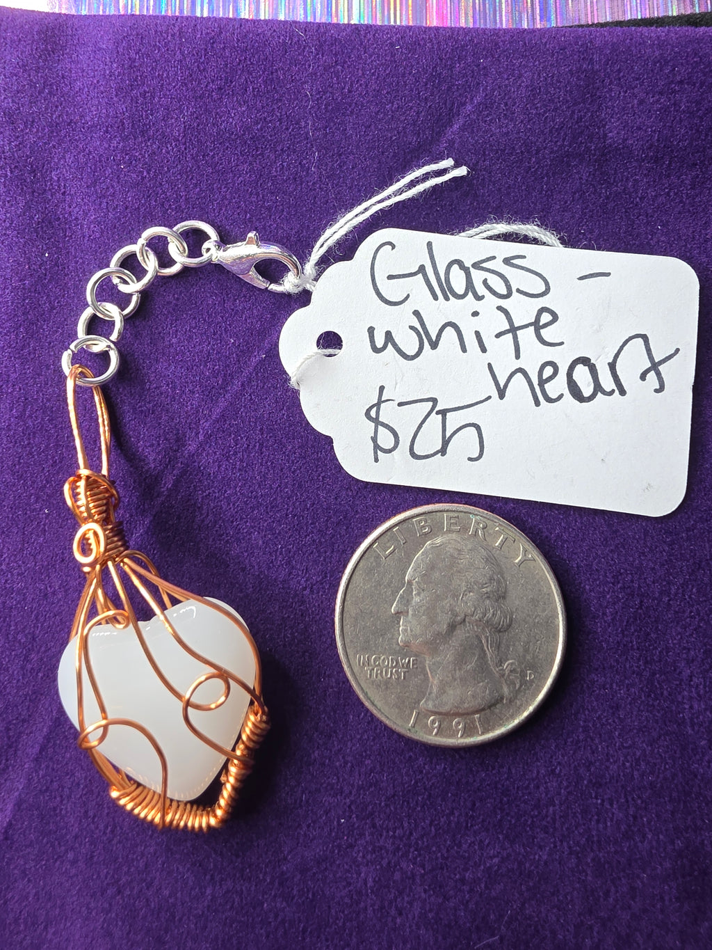 White Glass Heart Wire Wrapped Keychain