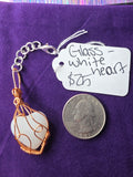 White Glass Heart Wire Wrapped Keychain