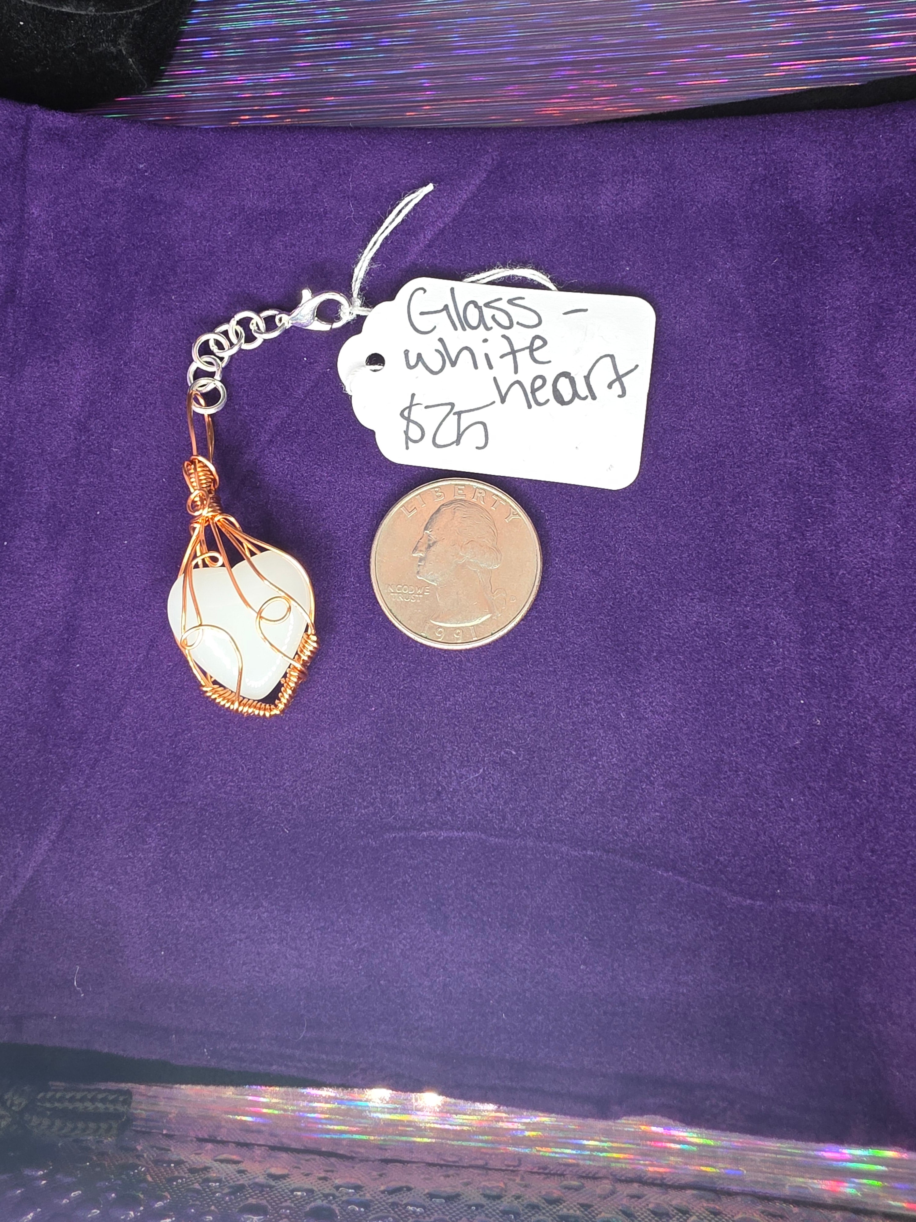 White Glass Heart Wire Wrapped Keychain