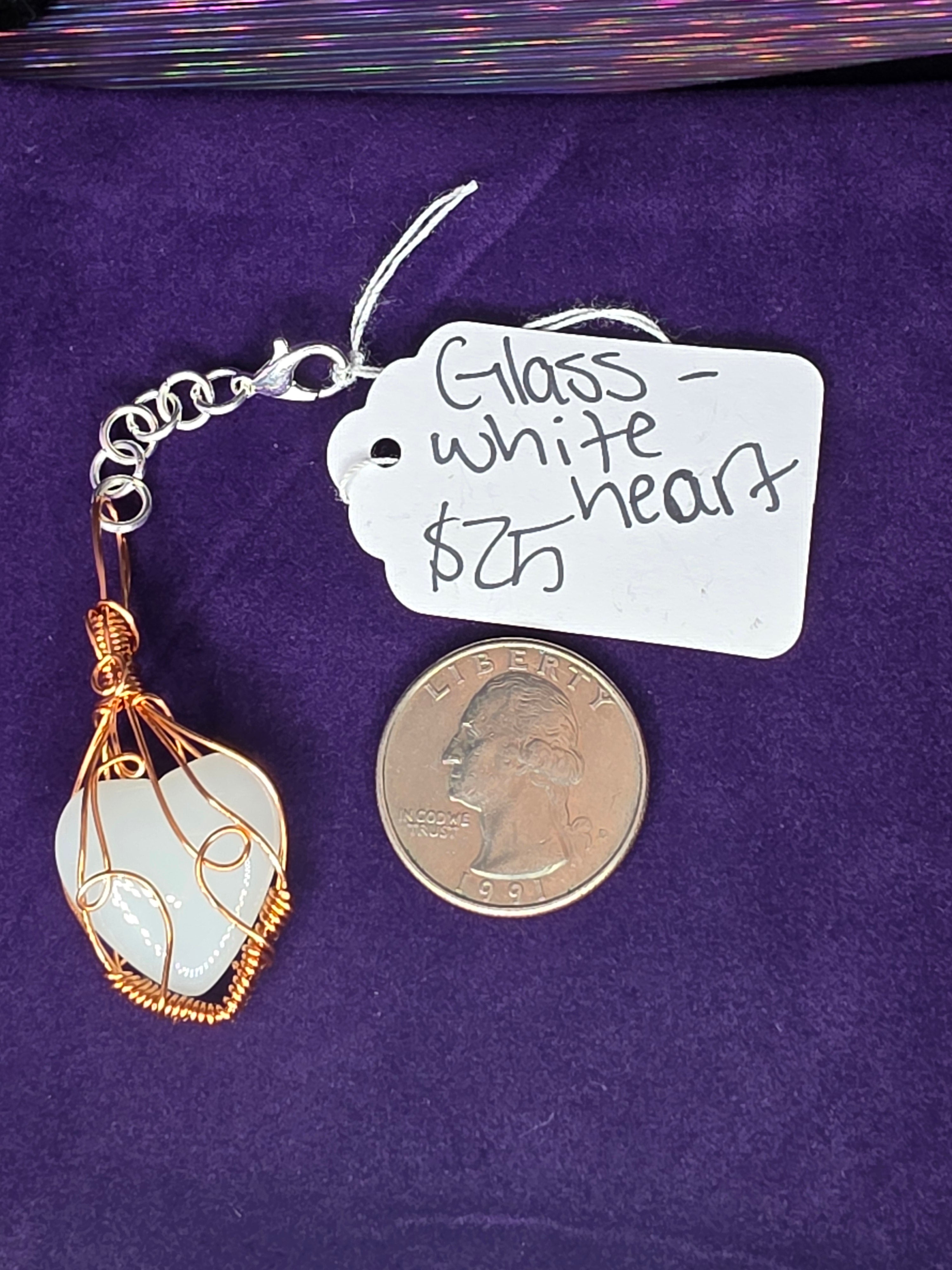 White Glass Heart Wire Wrapped Keychain