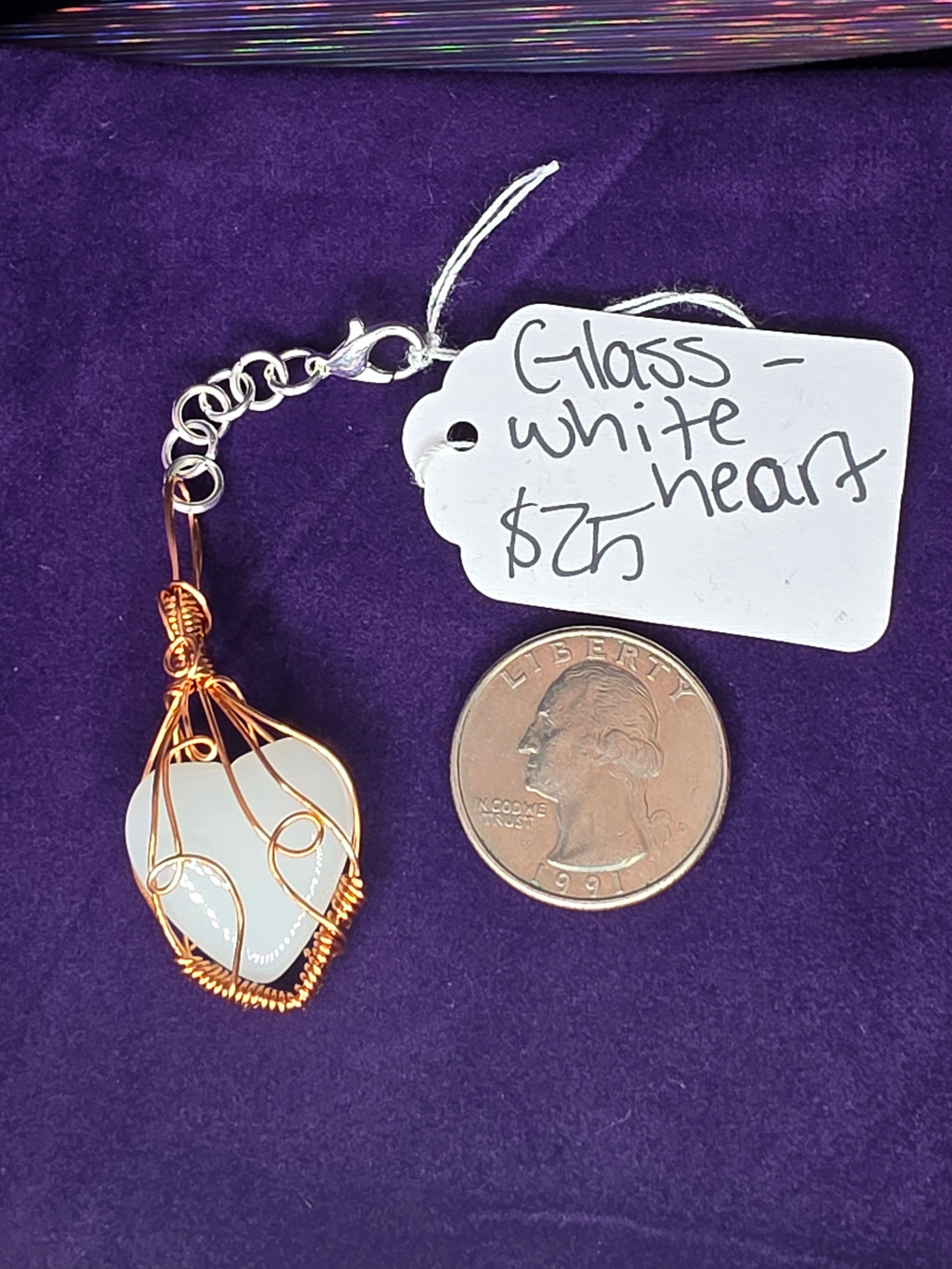 White Glass Heart Wire Wrapped Keychain