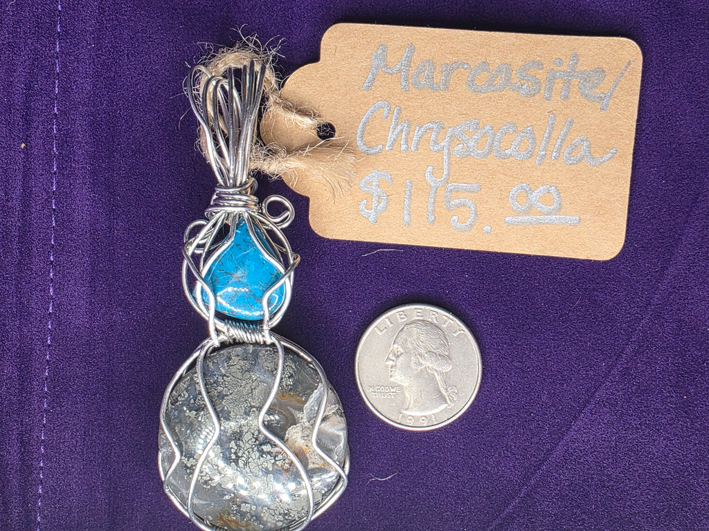 Dual Stone Chrysocolla/Shattuckite & Marcasite Pendant