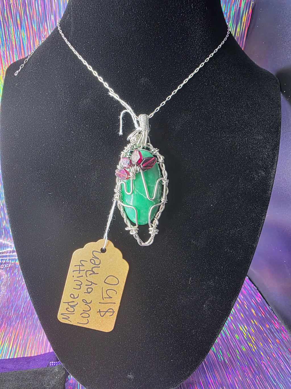 Variscite Cactus Pendant with Garnet Flower