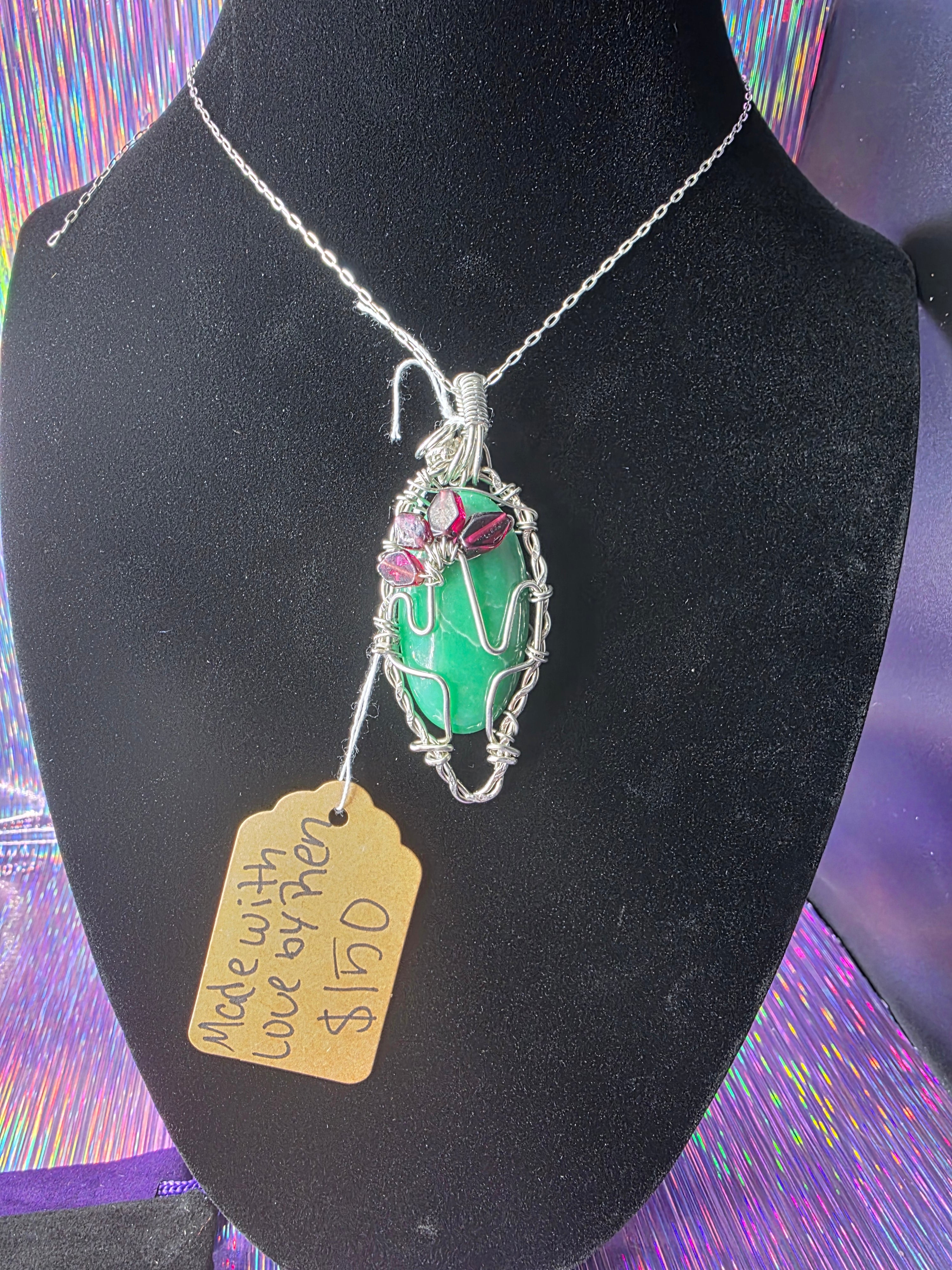 Variscite Cactus Pendant with Garnet Flower