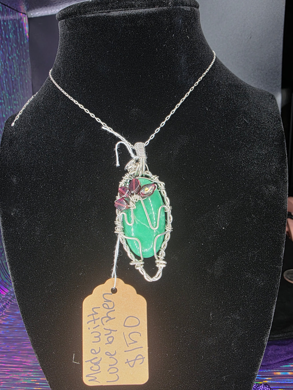 Variscite Cactus Pendant with Garnet Flower