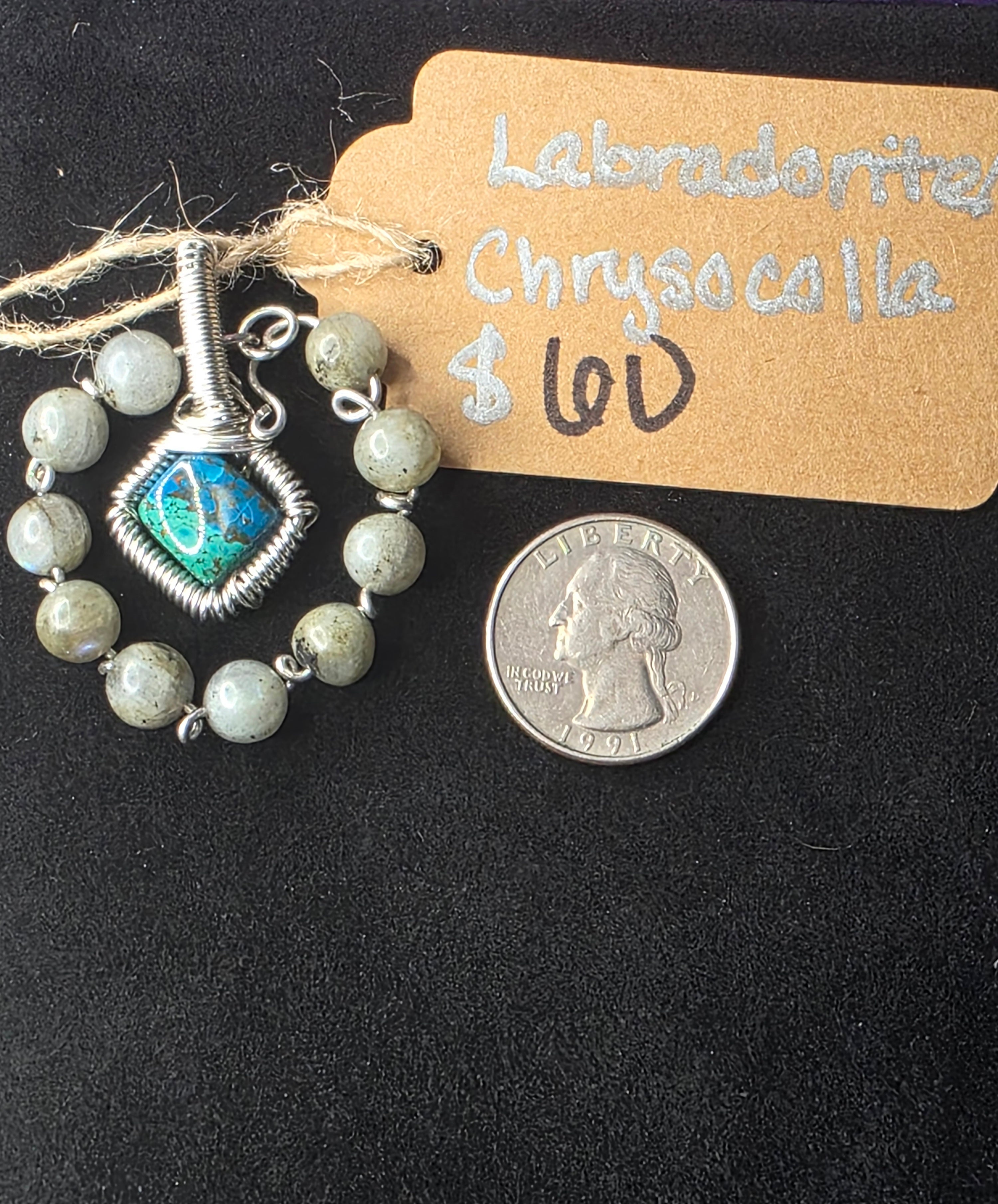 Diamond Chrysocolla/Shattuckite Pendant with Labradorite Halo