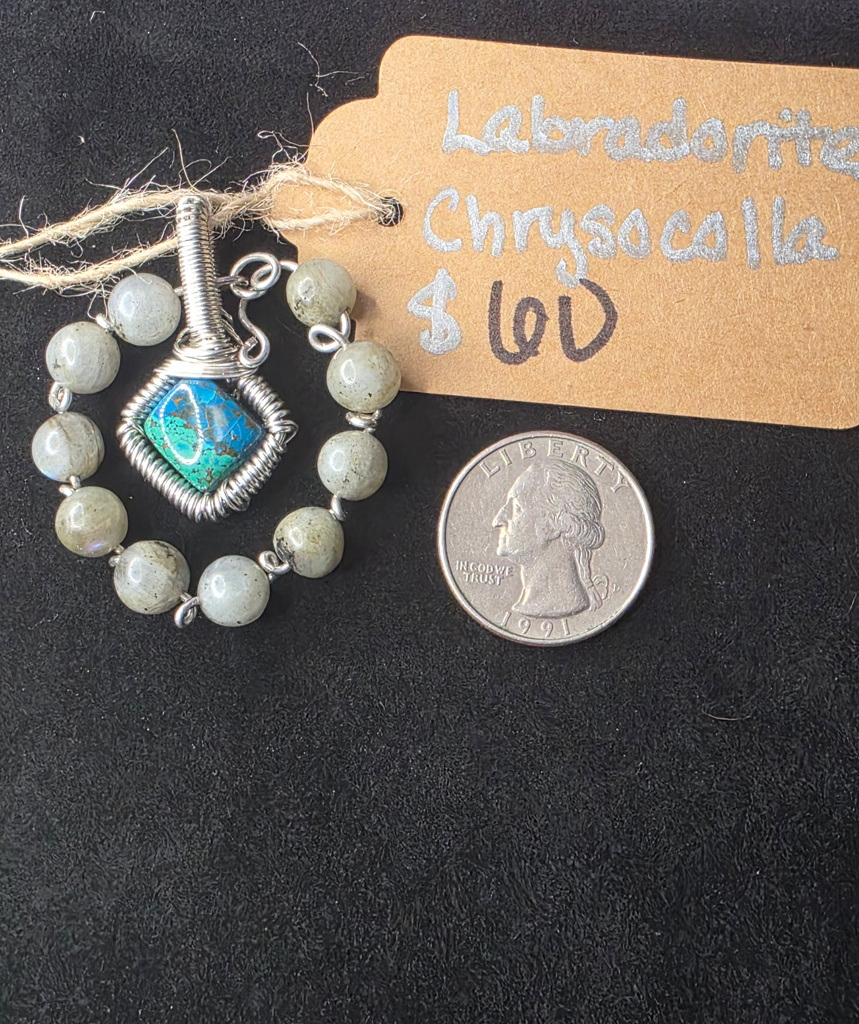 Diamond Chrysocolla/Shattuckite Pendant with Labradorite Halo