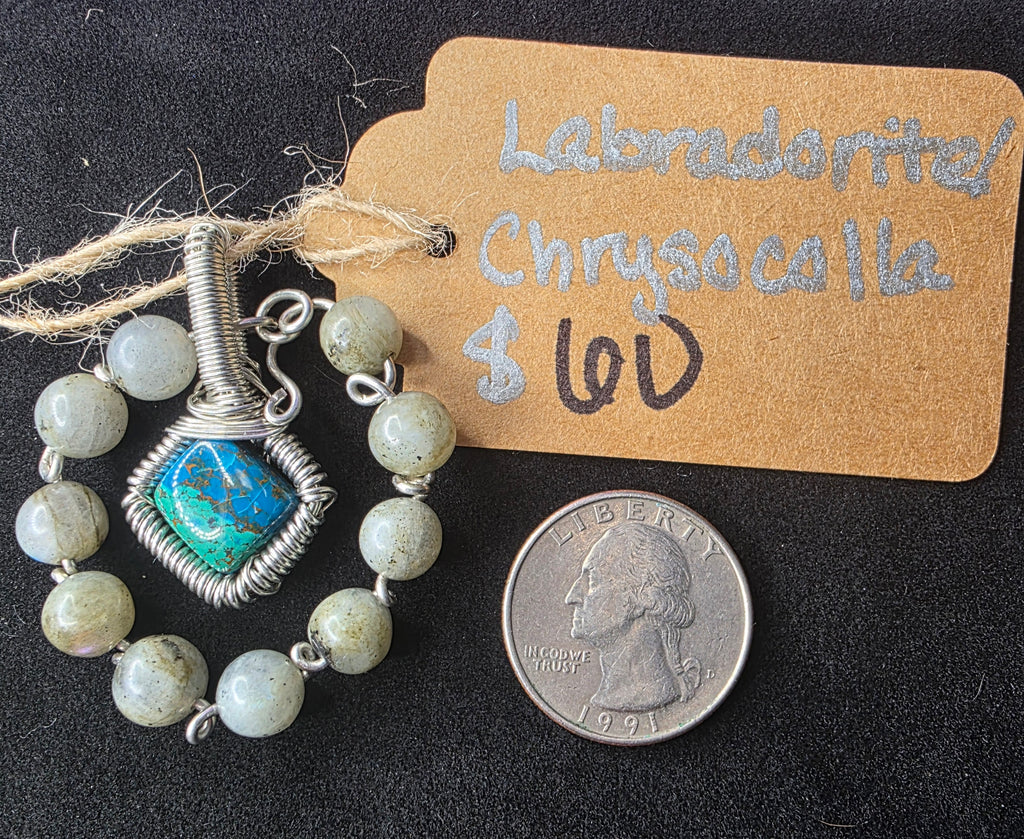 Diamond Chrysocolla/Shattuckite Pendant with Labradorite Halo