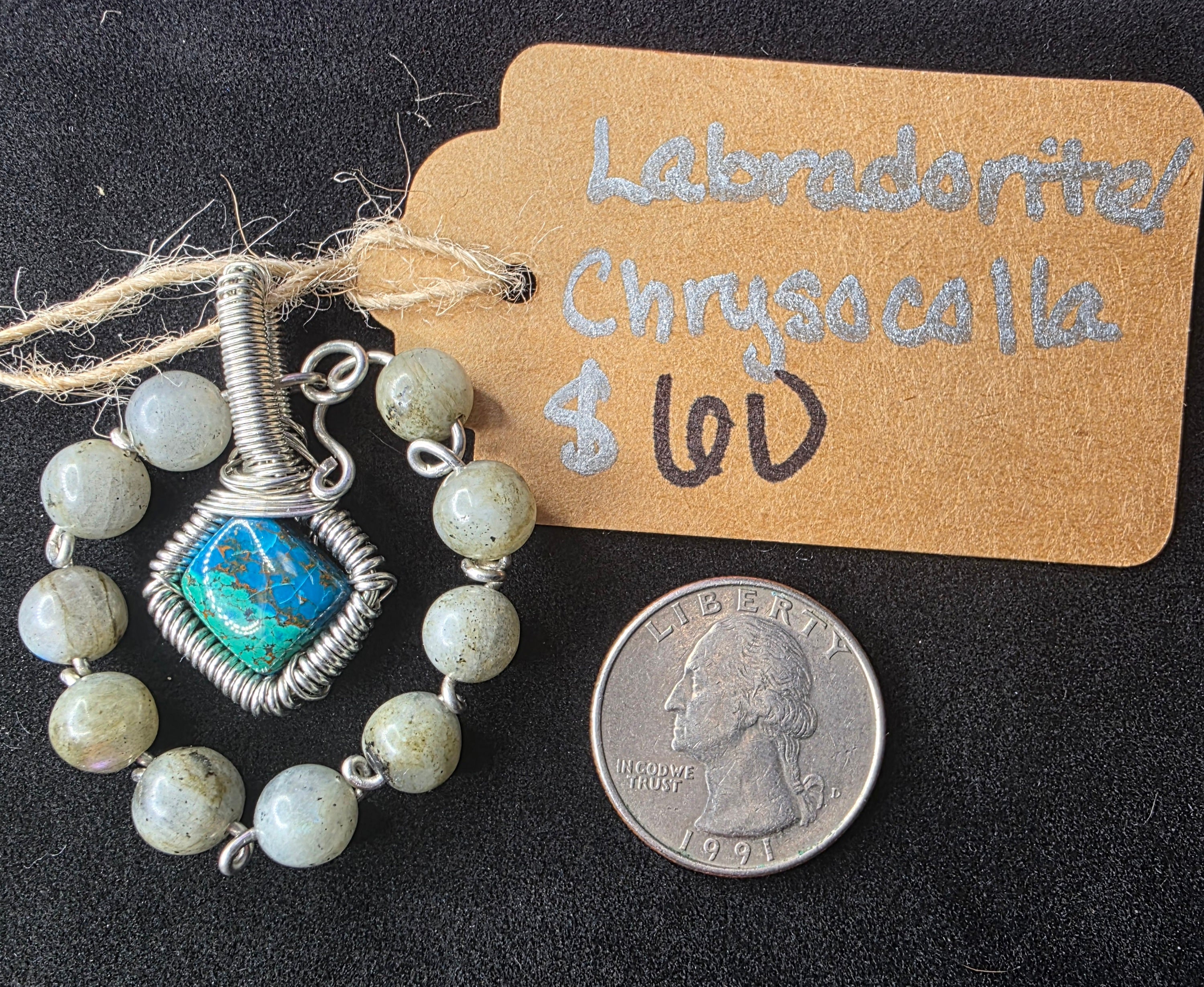 Diamond Chrysocolla/Shattuckite Pendant with Labradorite Halo
