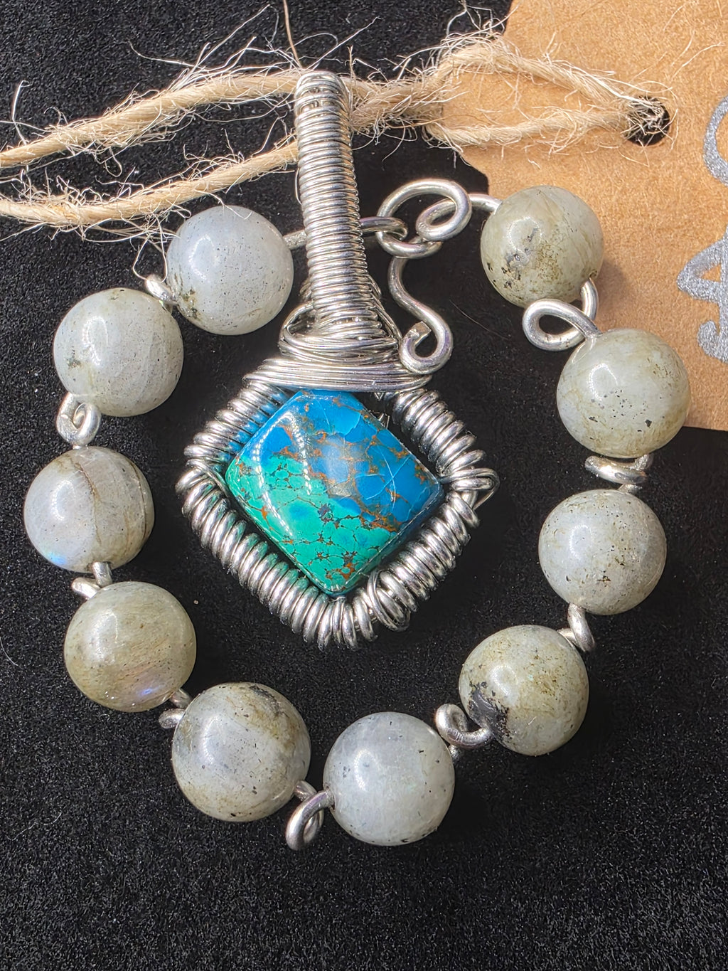 Diamond Chrysocolla/Shattuckite Pendant with Labradorite Halo