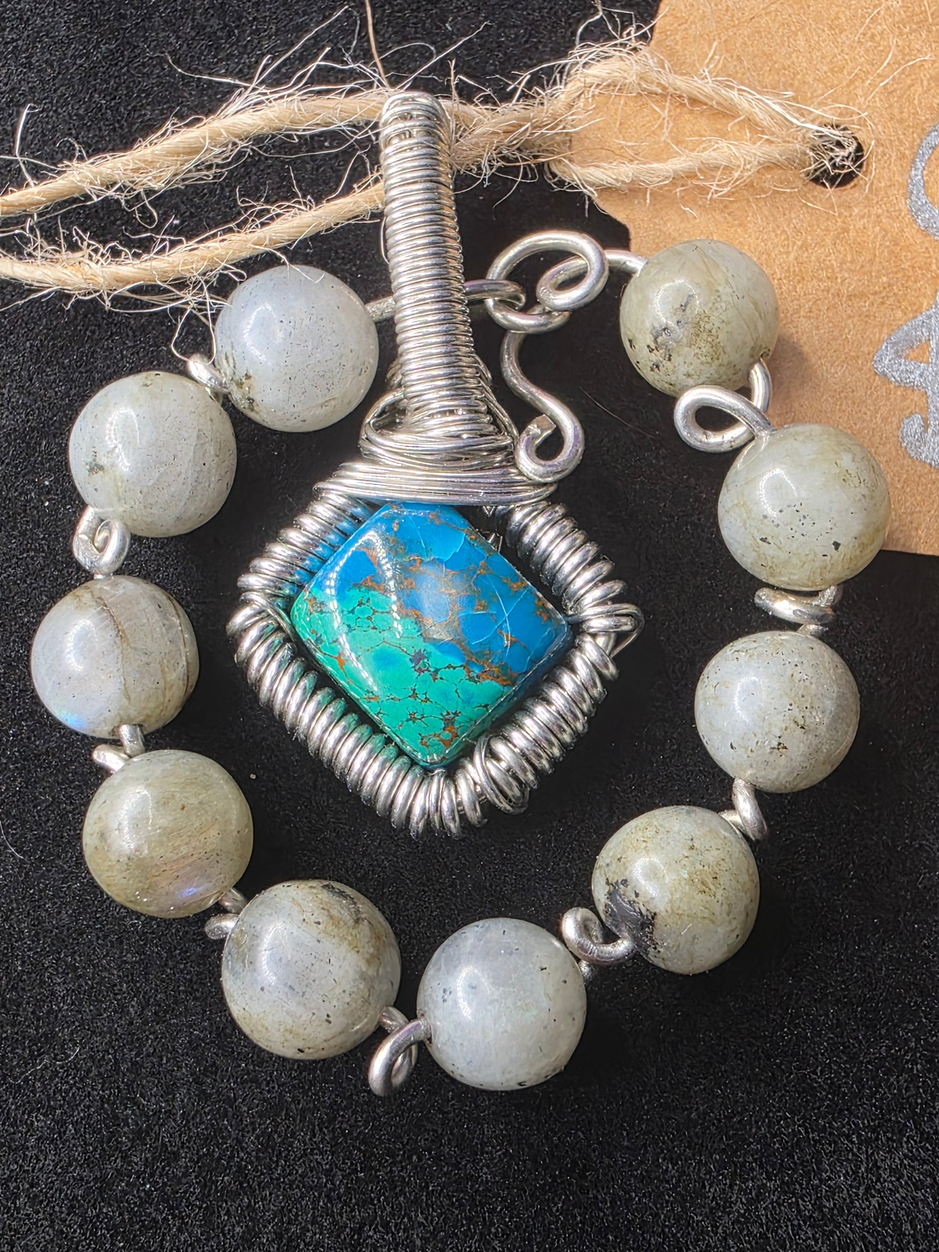 Diamond Chrysocolla/Shattuckite Pendant with Labradorite Halo