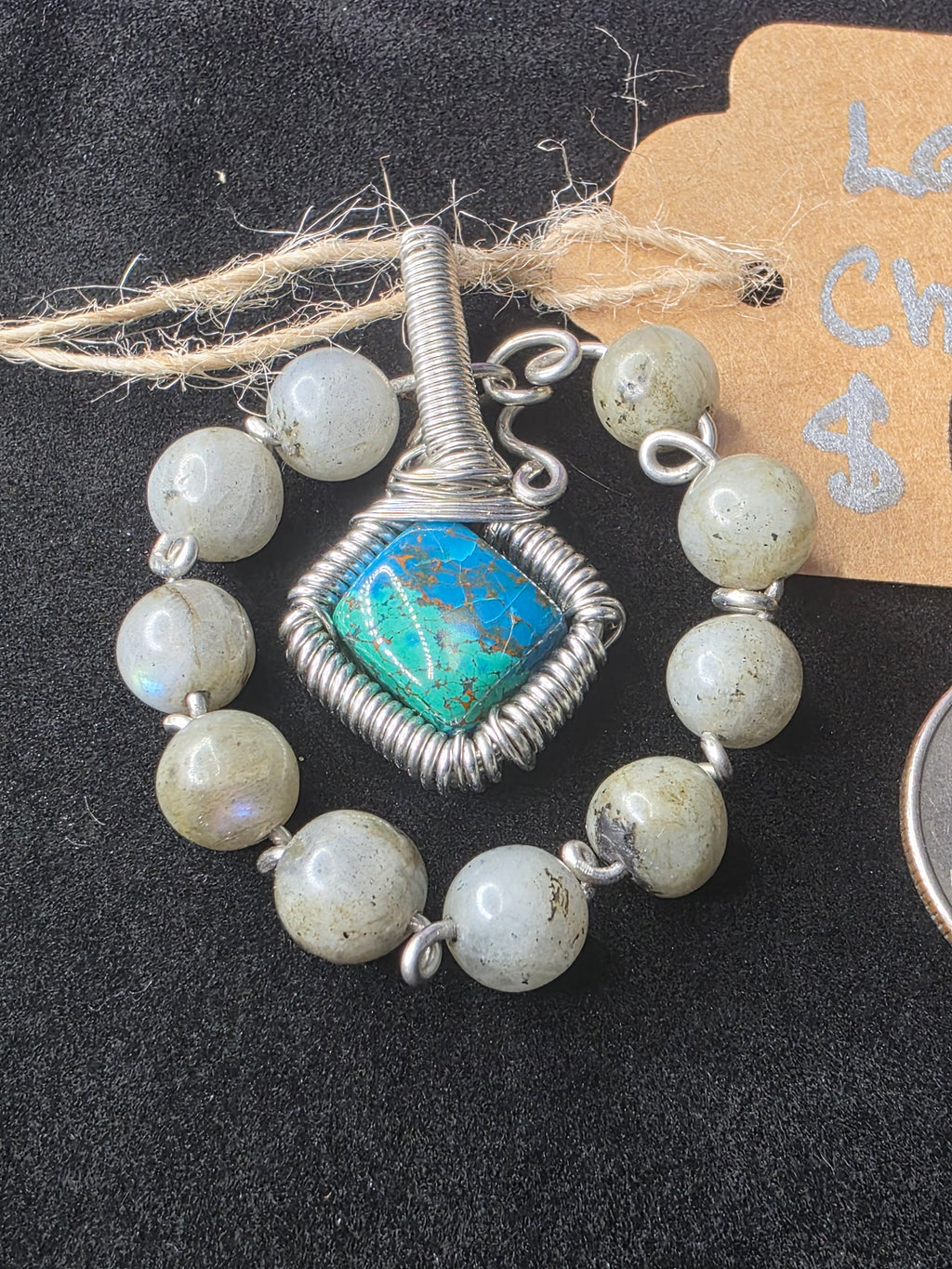 Diamond Chrysocolla/Shattuckite Pendant with Labradorite Halo