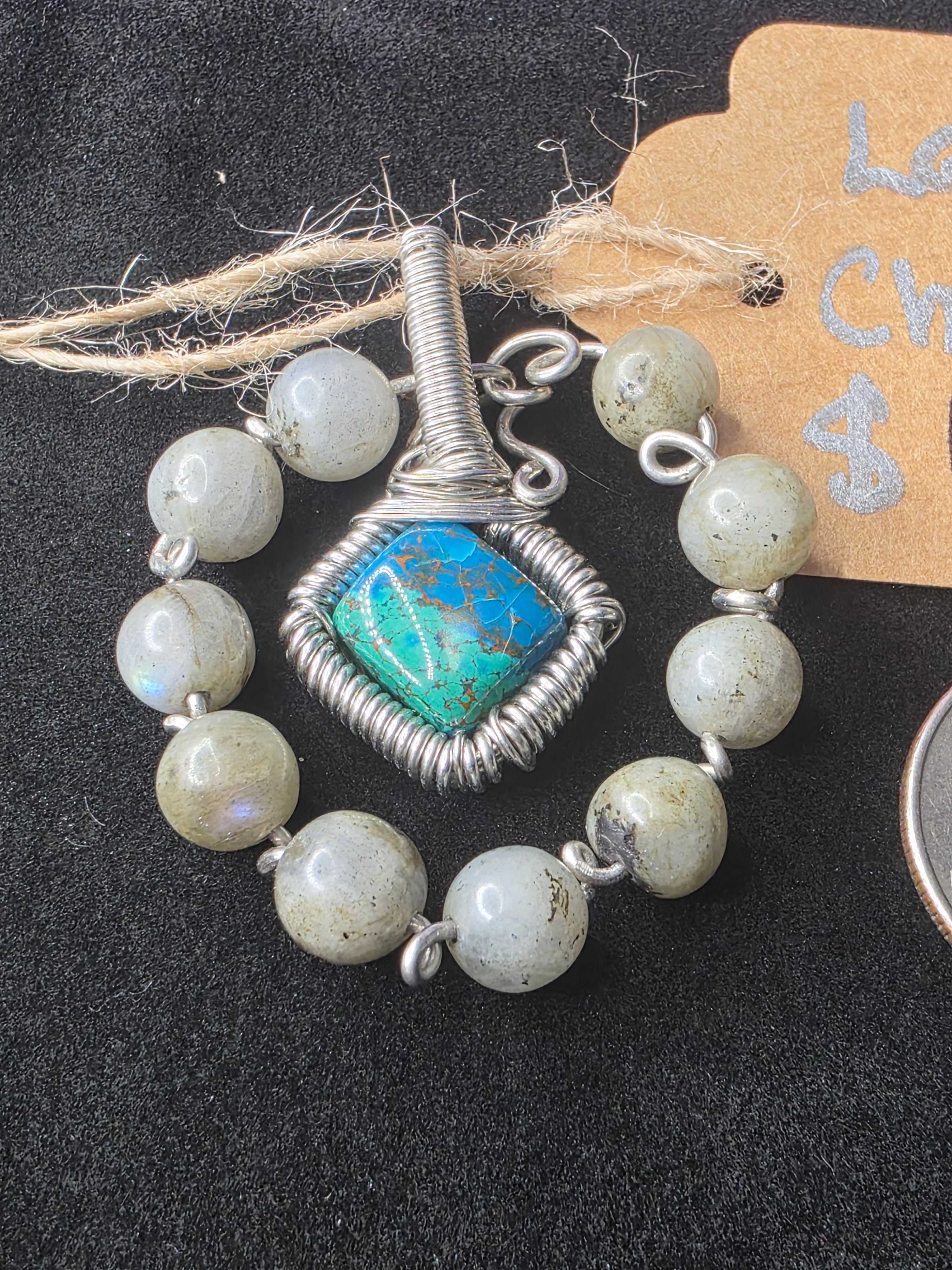 Diamond Chrysocolla/Shattuckite Pendant with Labradorite Halo
