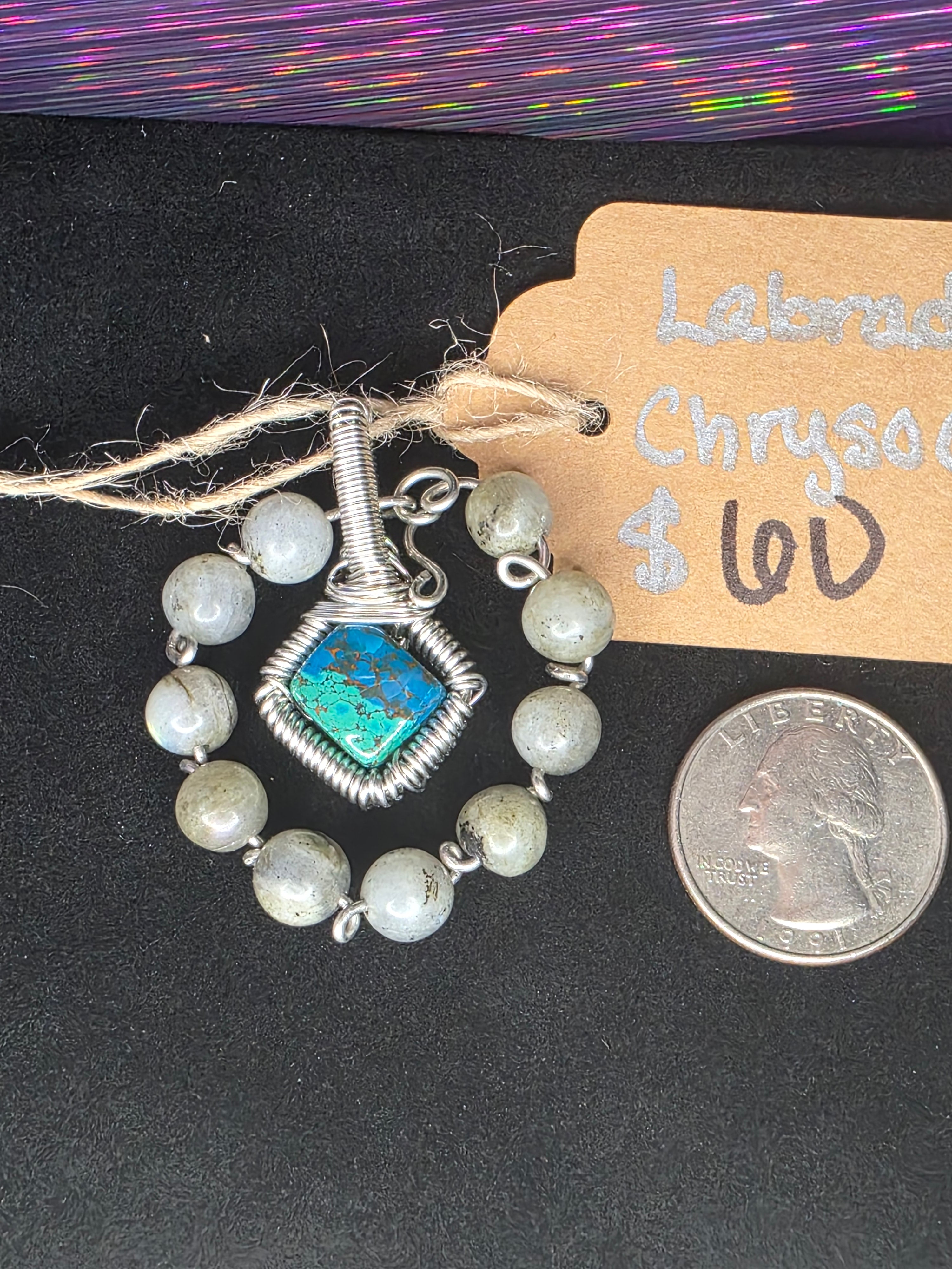 Diamond Chrysocolla/Shattuckite Pendant with Labradorite Halo