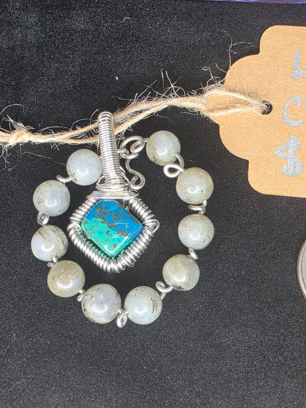 Diamond Chrysocolla/Shattuckite Pendant with Labradorite Halo