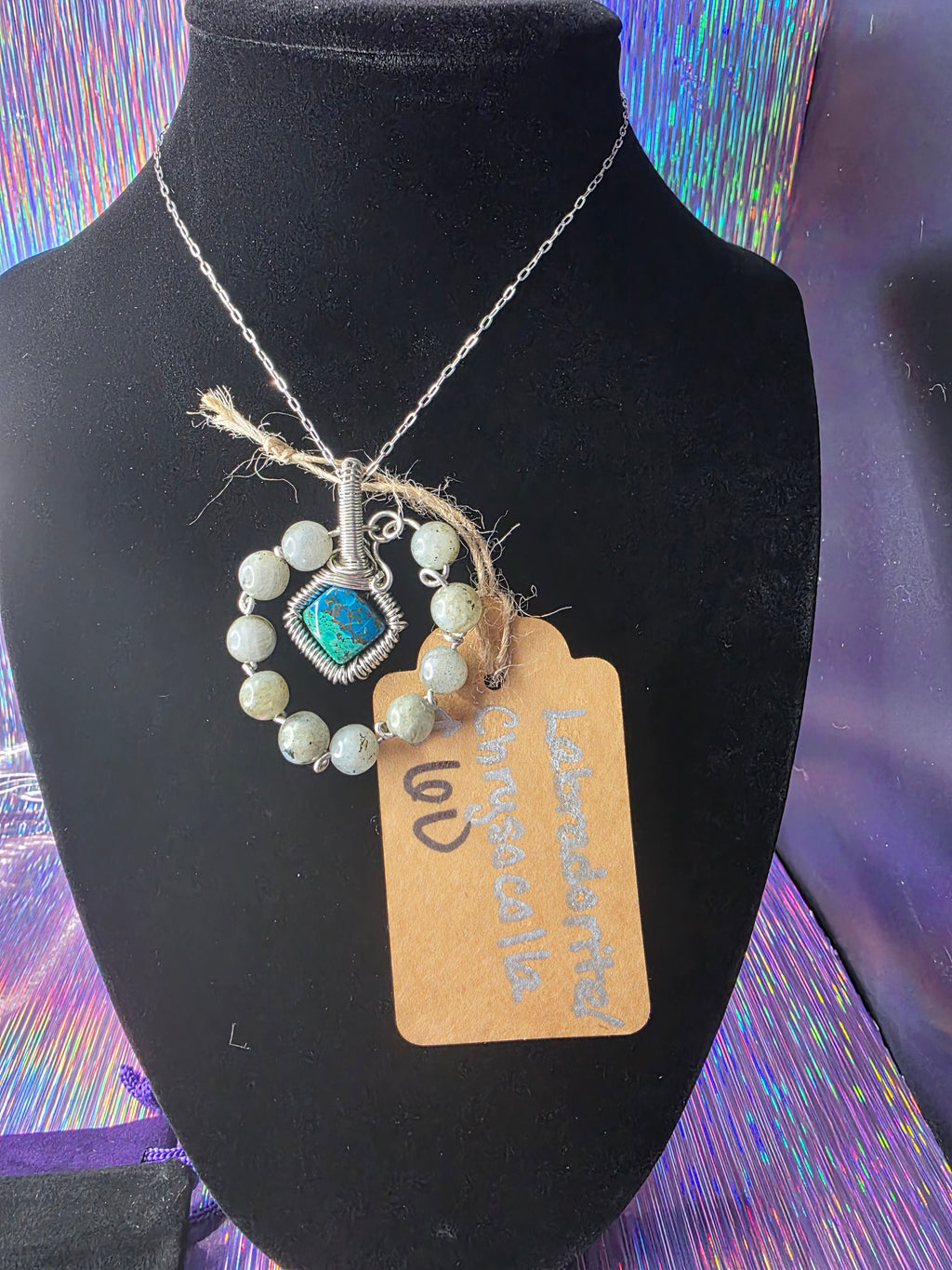 Diamond Chrysocolla/Shattuckite Pendant with Labradorite Halo