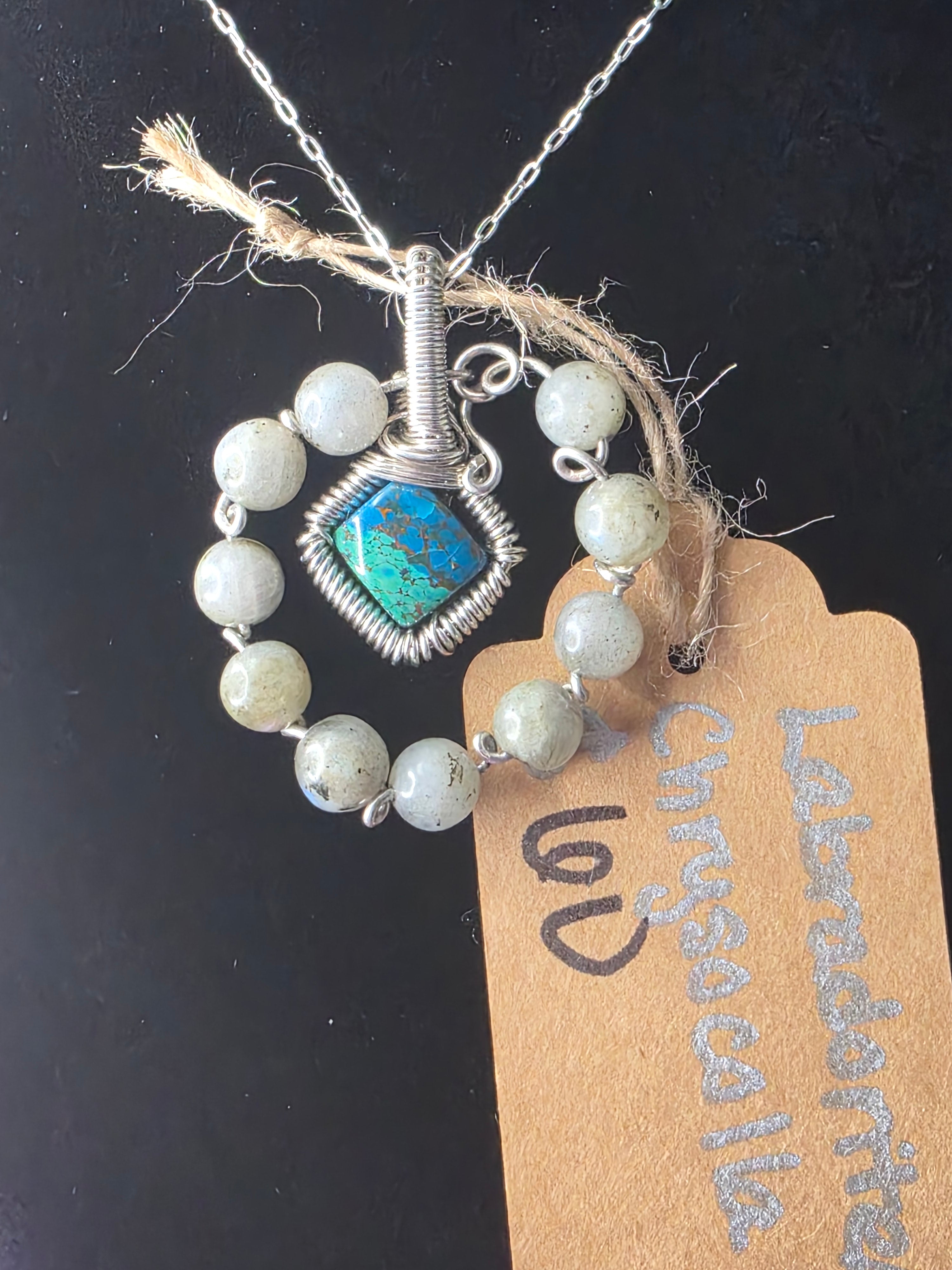 Diamond Chrysocolla/Shattuckite Pendant with Labradorite Halo