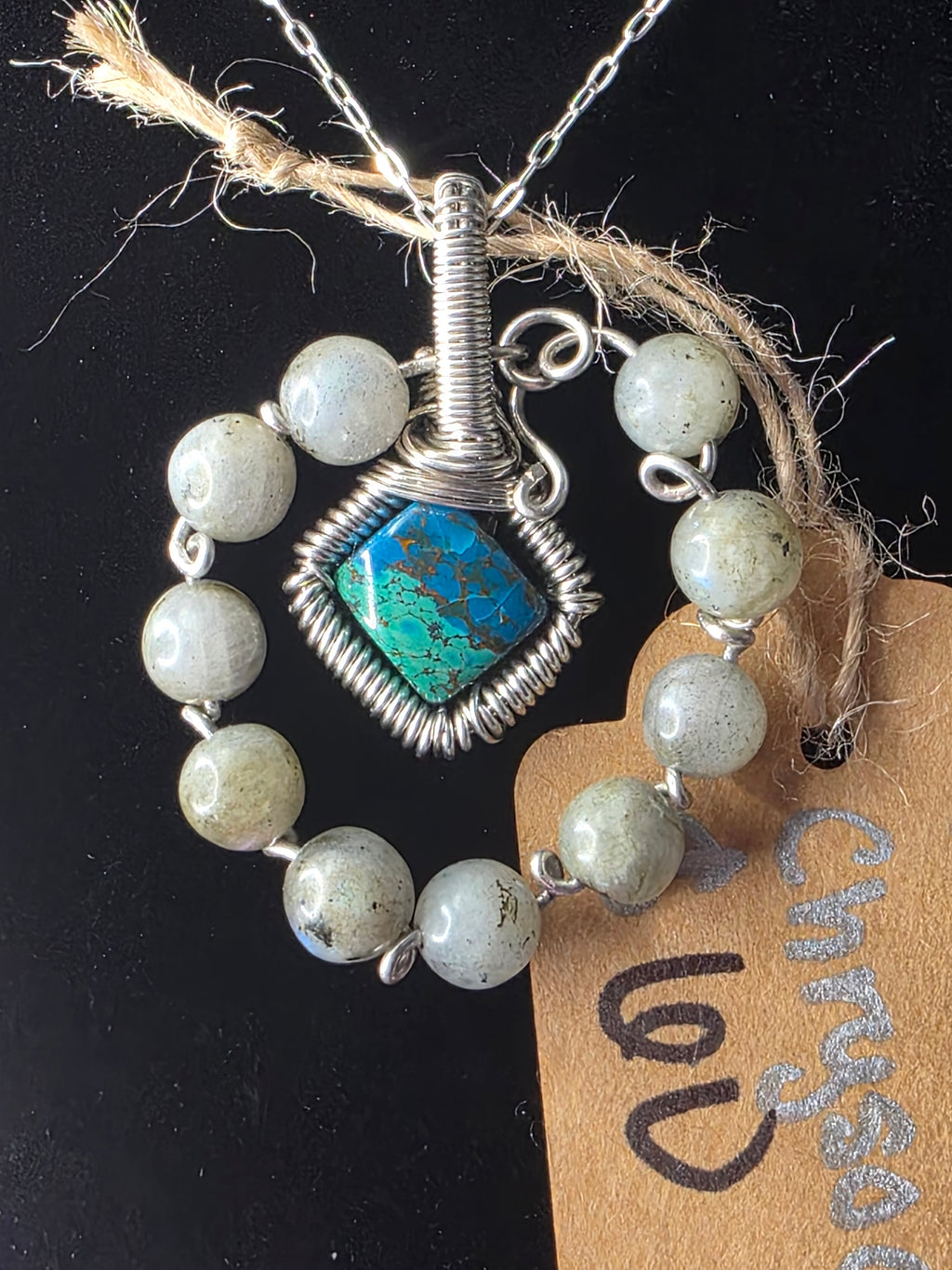 Diamond Chrysocolla/Shattuckite Pendant with Labradorite Halo