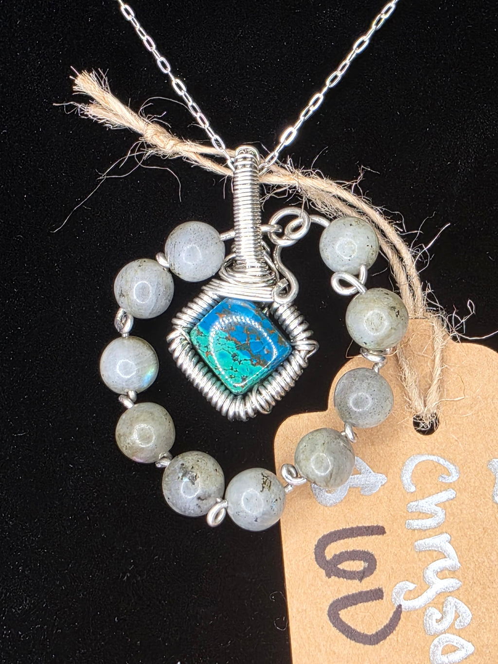Diamond Chrysocolla/Shattuckite Pendant with Labradorite Halo