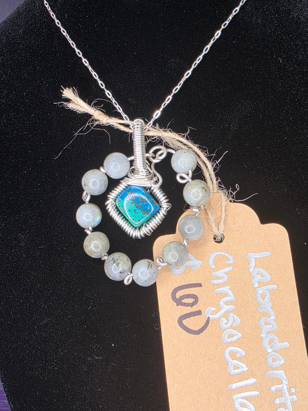 Diamond Chrysocolla/Shattuckite Pendant with Labradorite Halo
