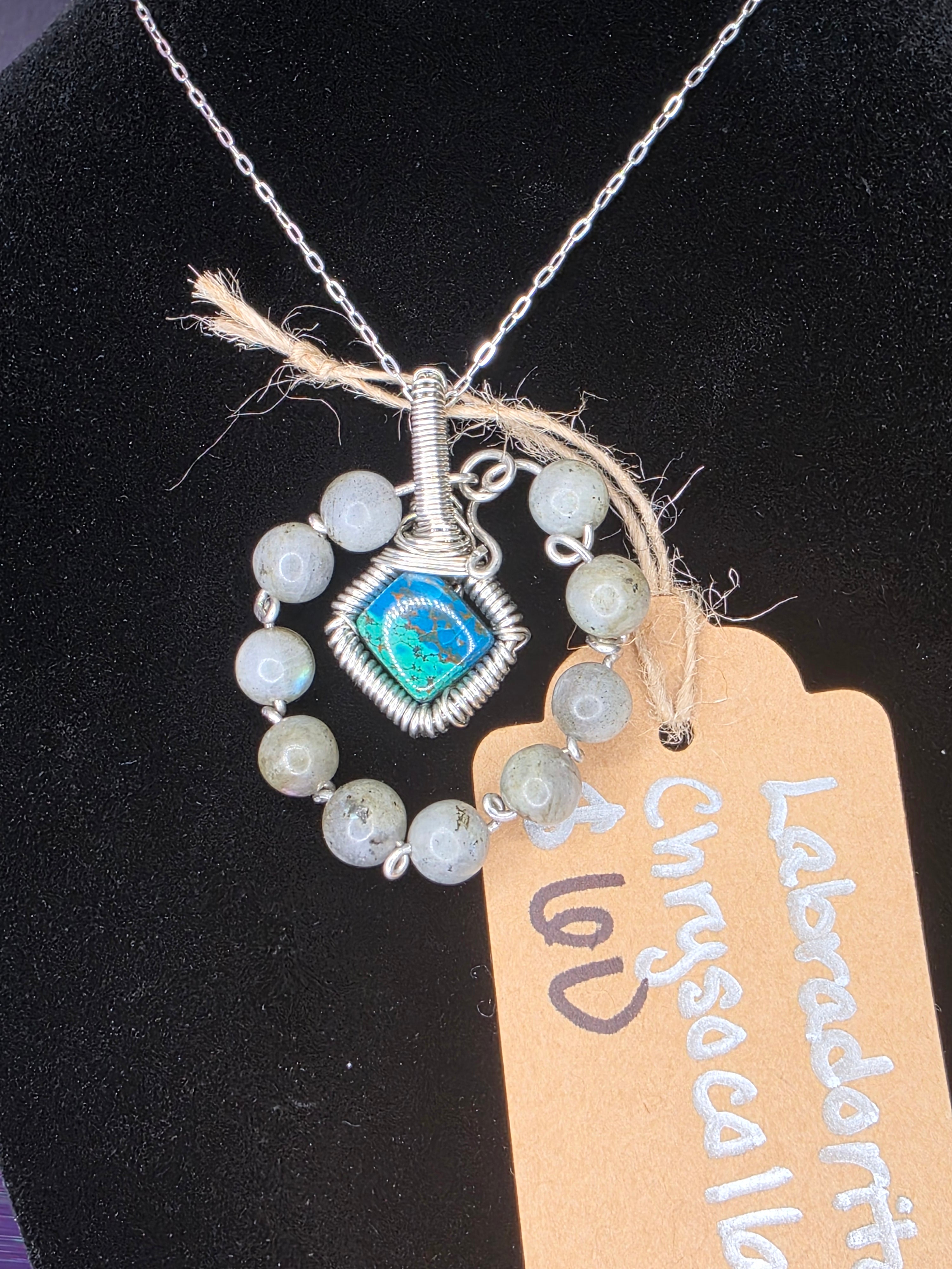 Diamond Chrysocolla/Shattuckite Pendant with Labradorite Halo