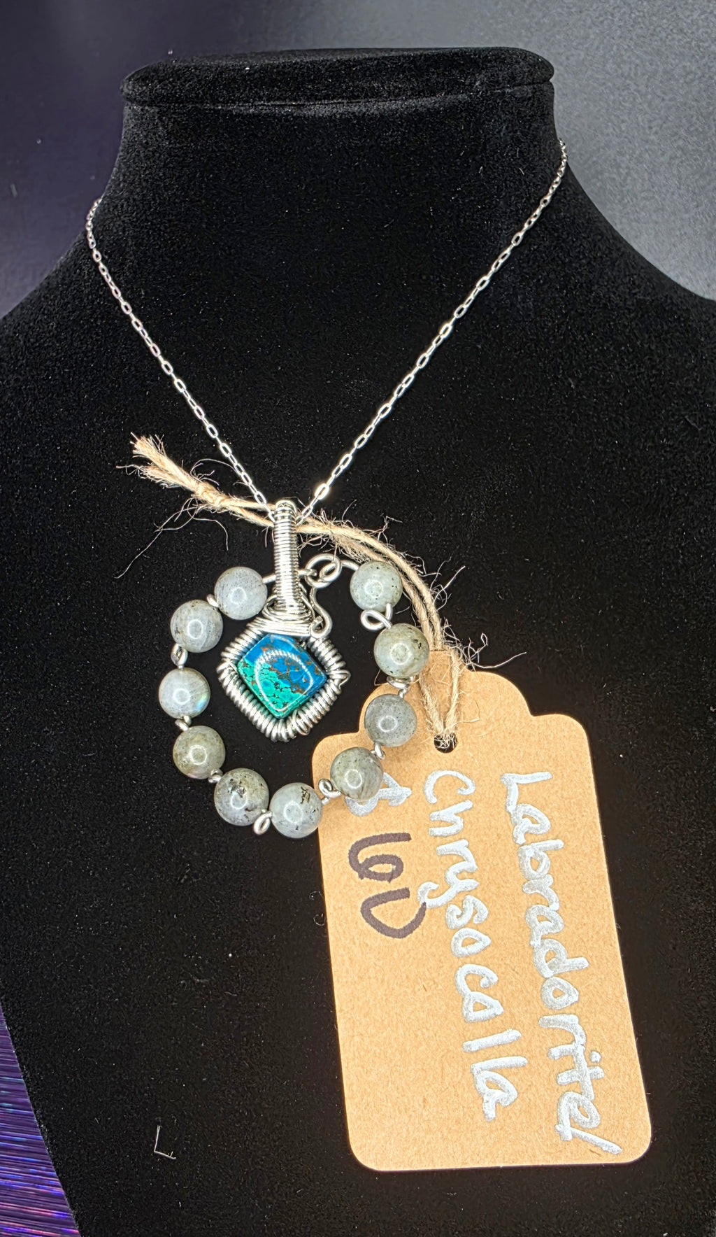 Diamond Chrysocolla/Shattuckite Pendant with Labradorite Halo