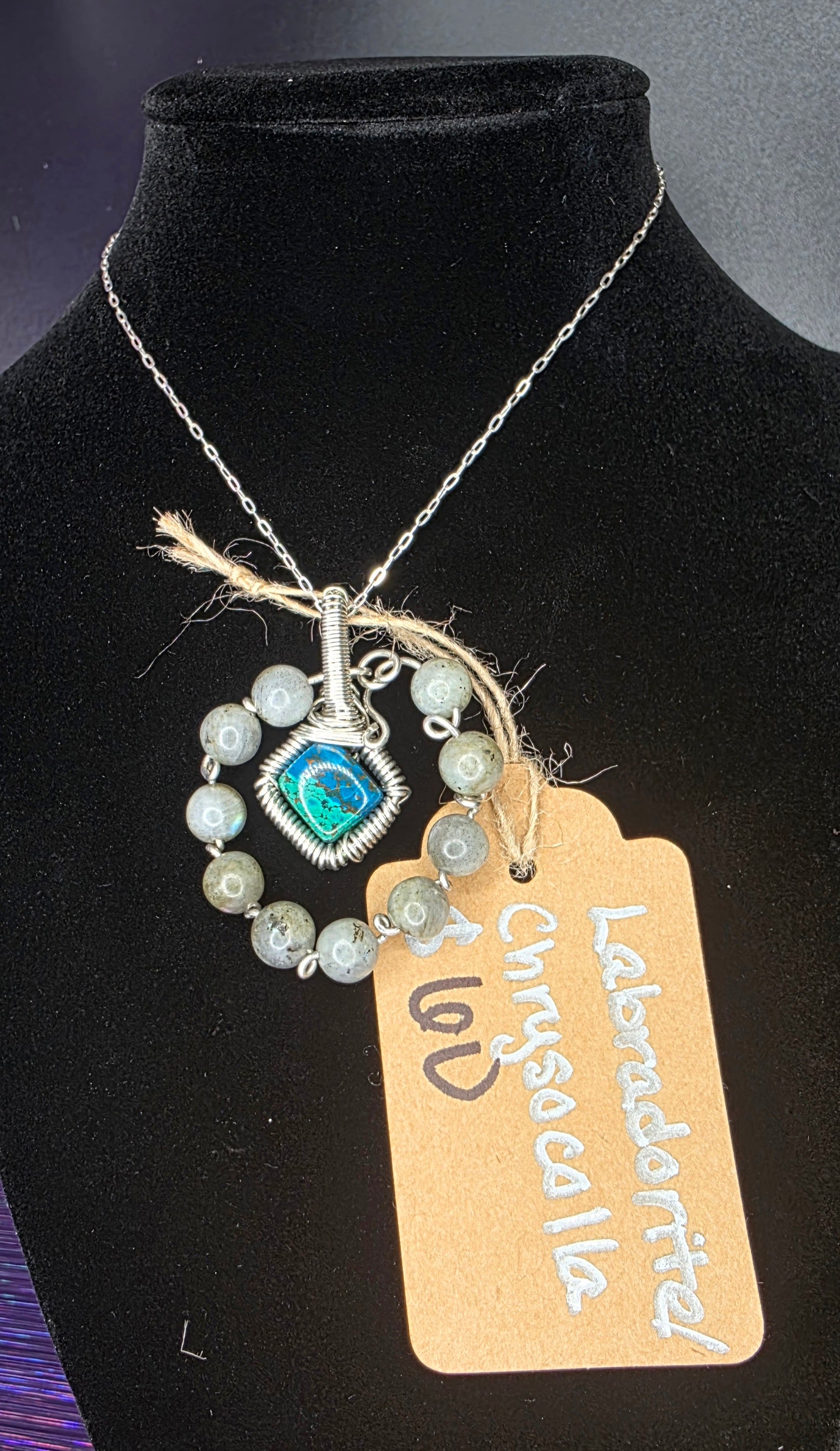 Diamond Chrysocolla/Shattuckite Pendant with Labradorite Halo
