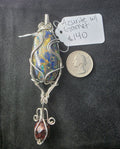 Large Oval Azurite Pendant with Raw Garnet Dangle