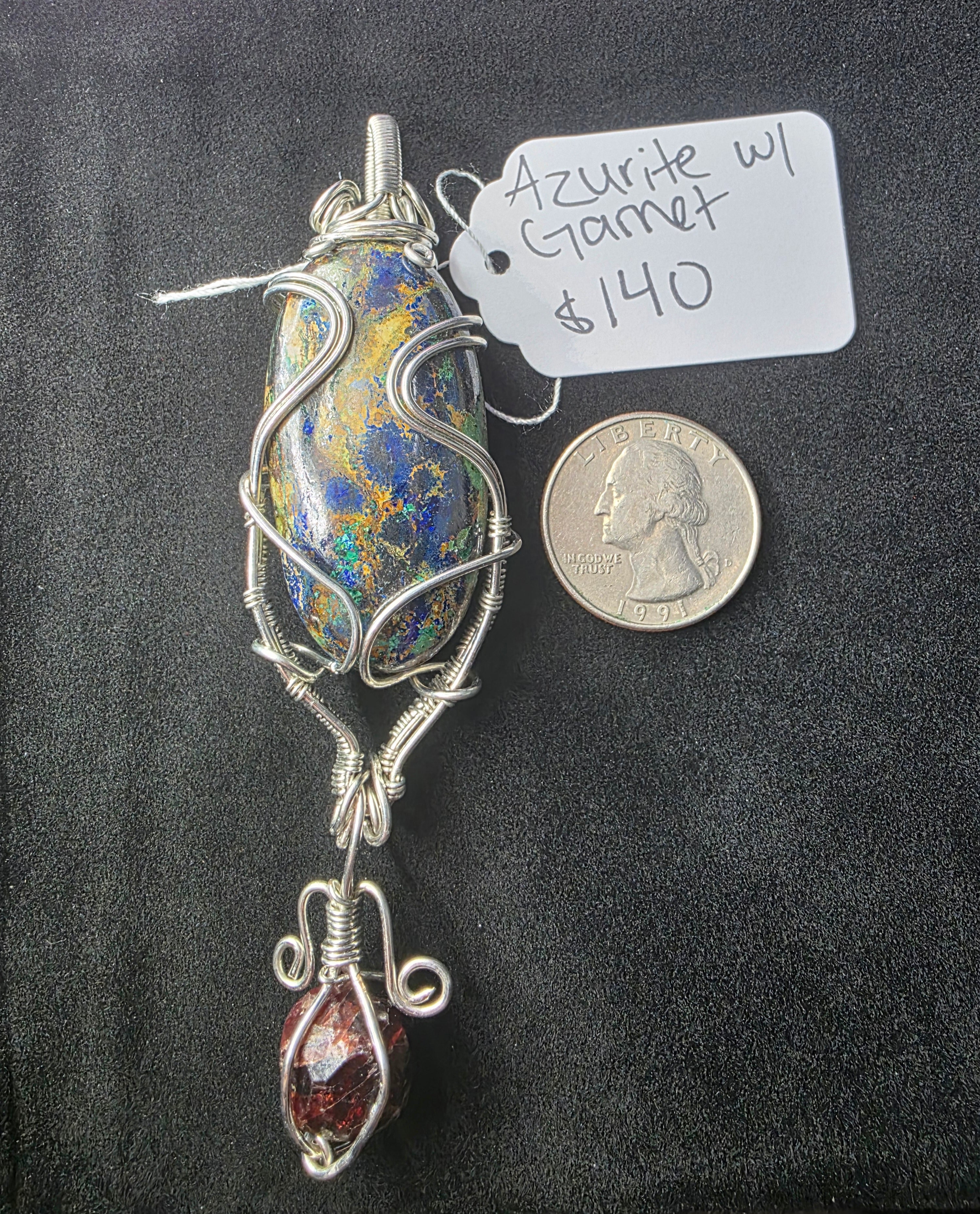 Large Oval Azurite Pendant with Raw Garnet Dangle