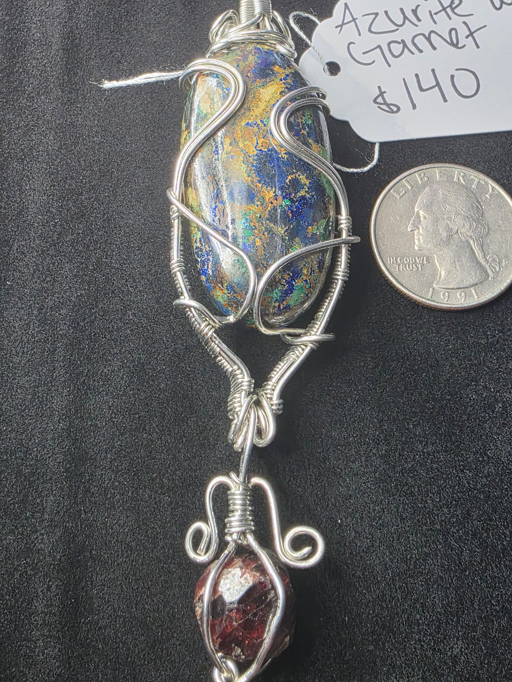Large Oval Azurite Pendant with Raw Garnet Dangle