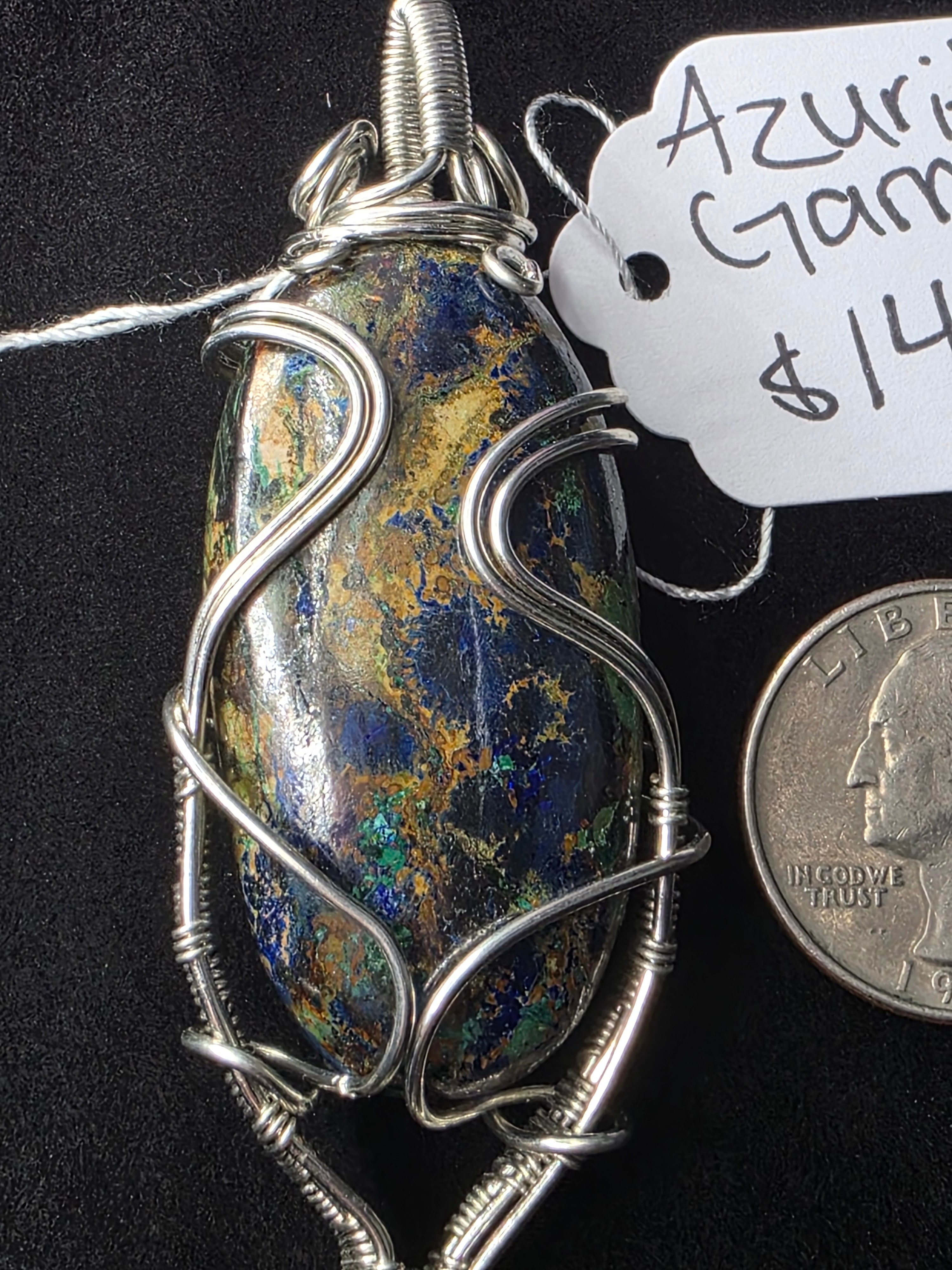 Large Oval Azurite Pendant with Raw Garnet Dangle