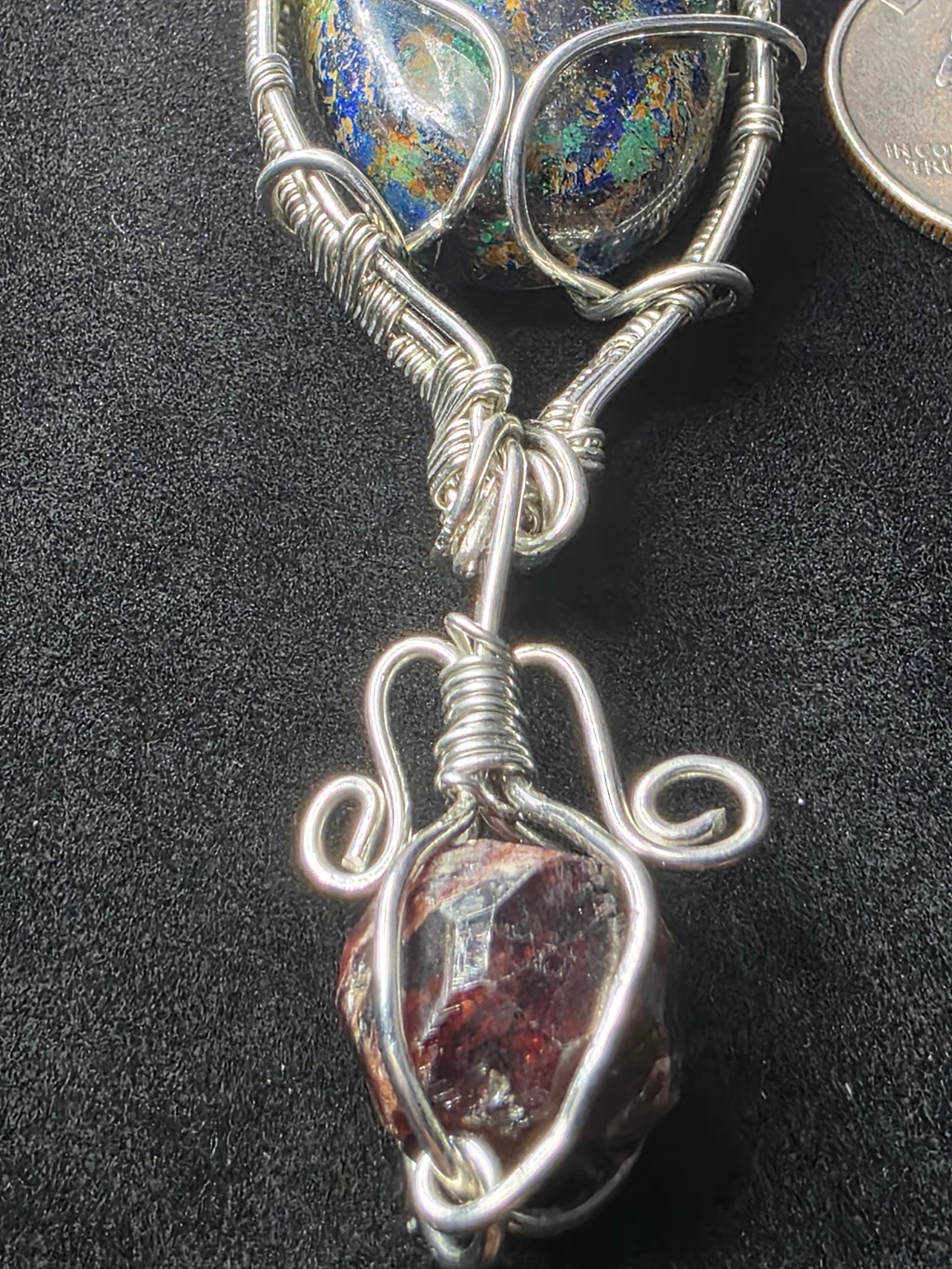 Large Oval Azurite Pendant with Raw Garnet Dangle