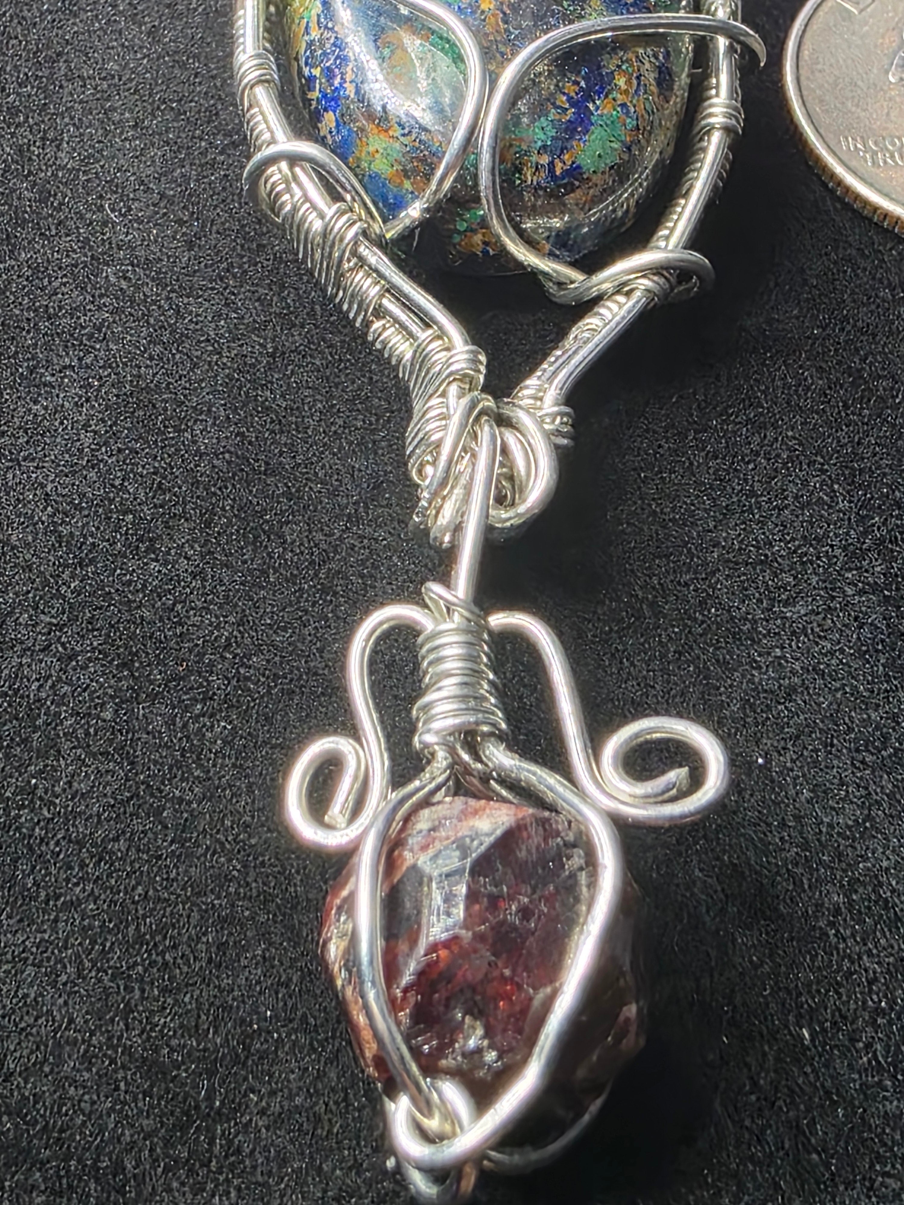 Large Oval Azurite Pendant with Raw Garnet Dangle