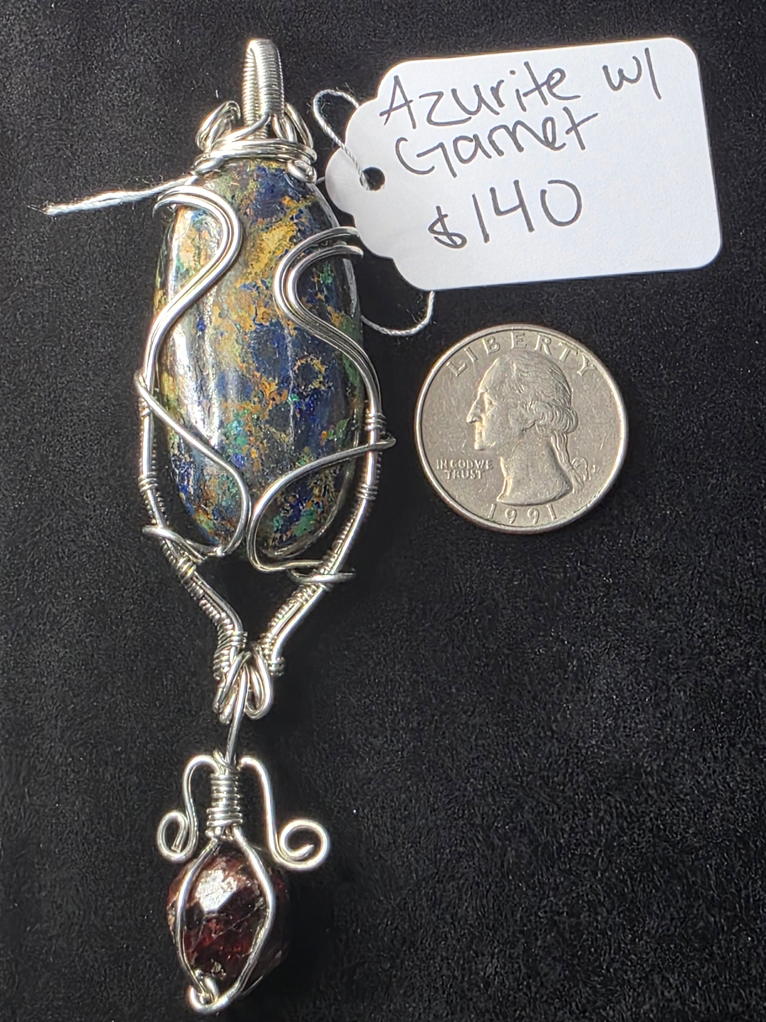 Large Oval Azurite Pendant with Raw Garnet Dangle