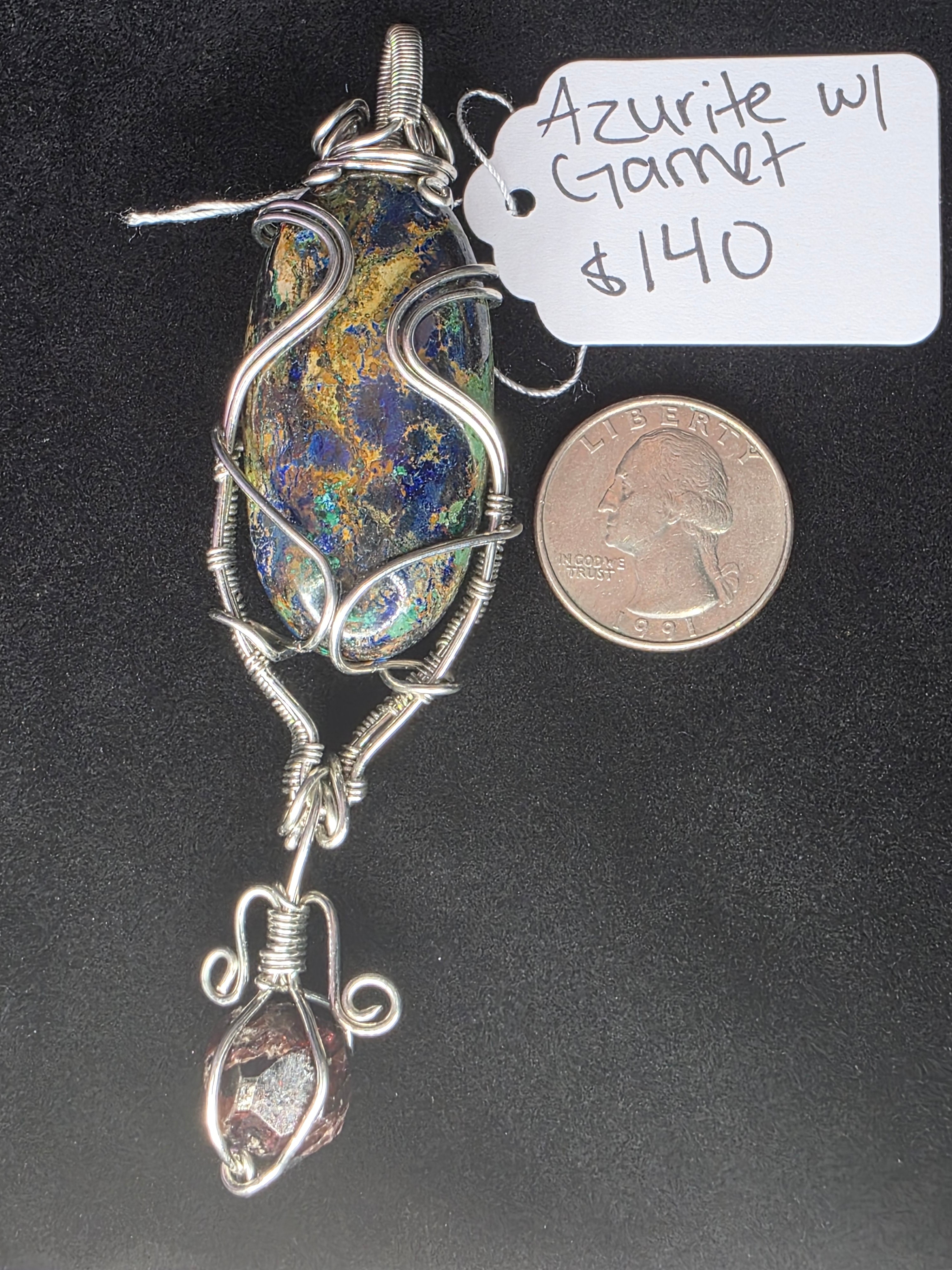 Large Oval Azurite Pendant with Raw Garnet Dangle