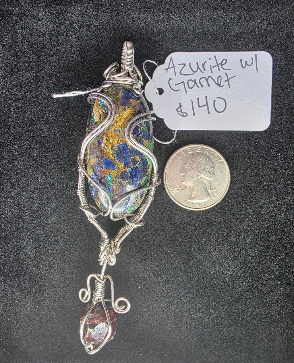 Large Oval Azurite Pendant with Raw Garnet Dangle