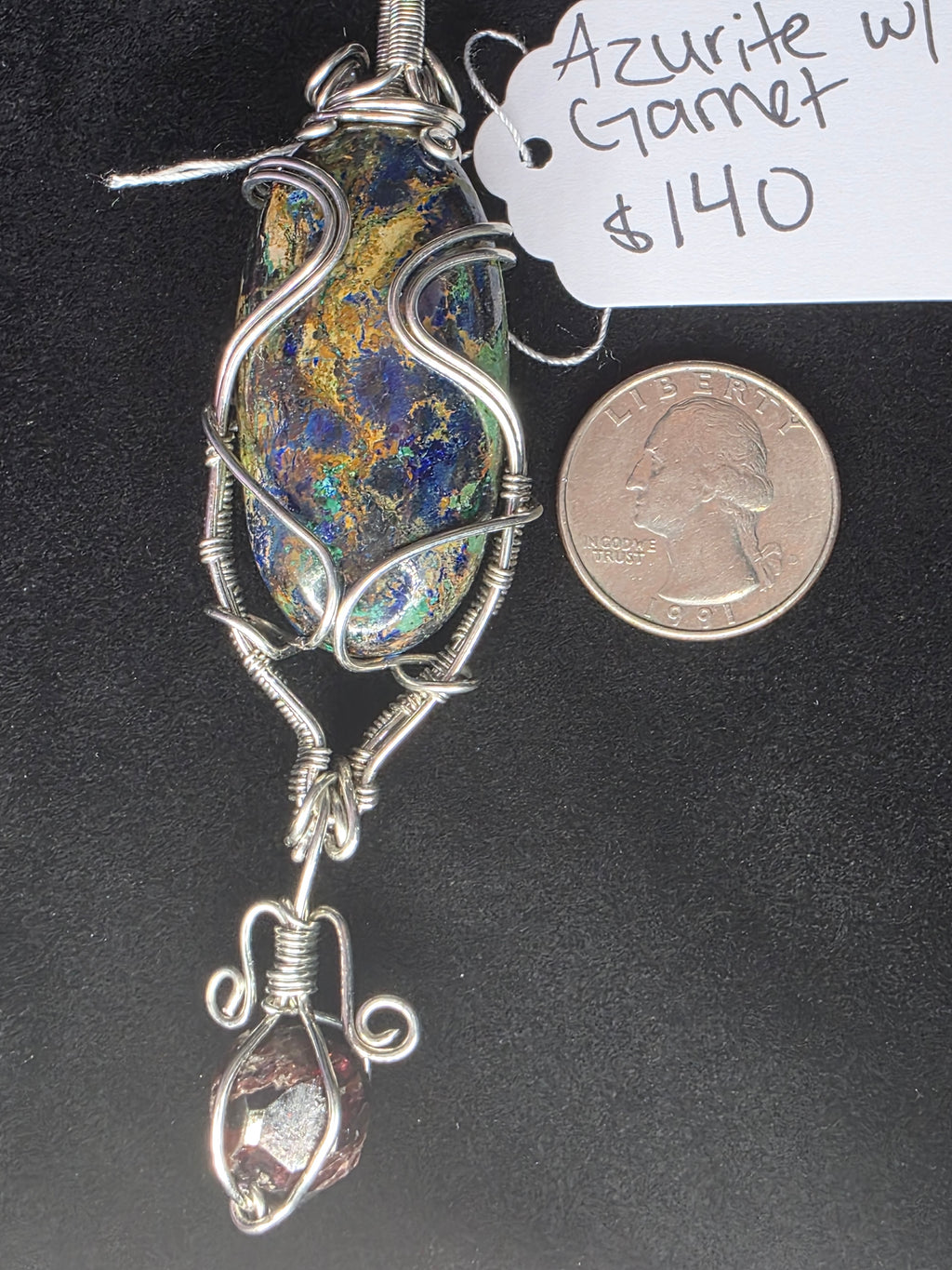 Large Oval Azurite Pendant with Raw Garnet Dangle