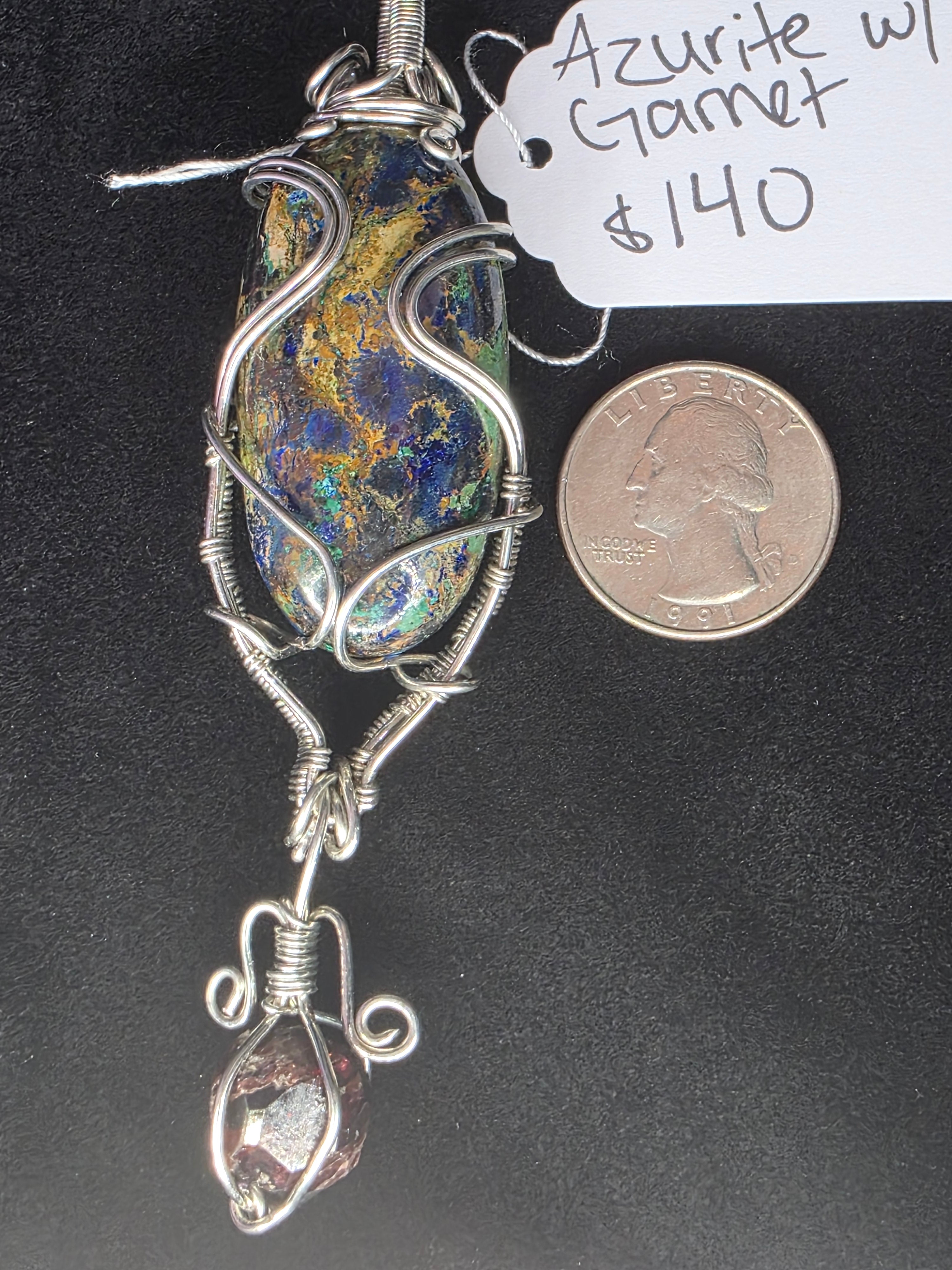 Large Oval Azurite Pendant with Raw Garnet Dangle
